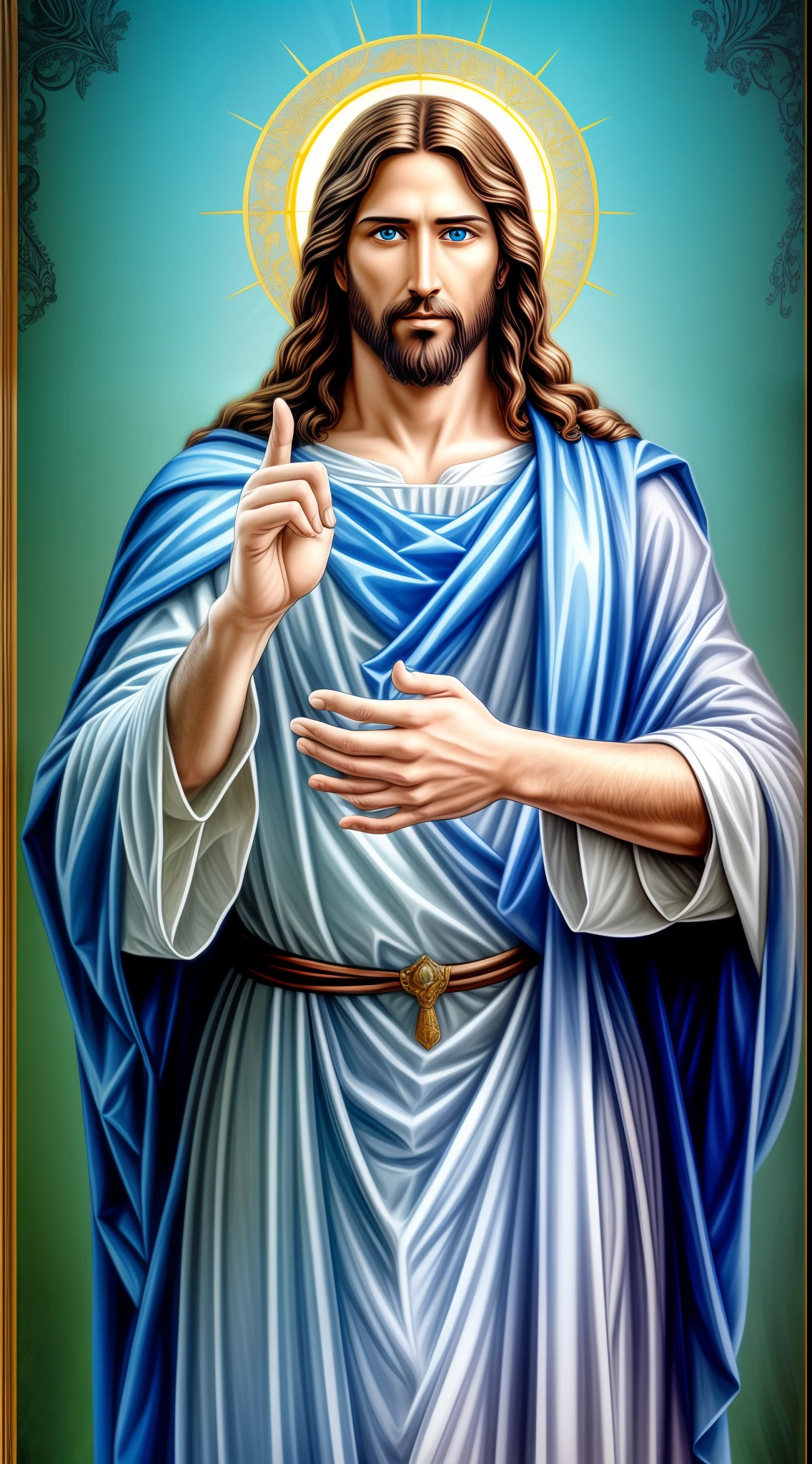 Perfect hand 5 finger, Portrait of a handsome Jesus , Jesus Christ, real blue eyes, sunny day, intricate details.real jesus lord, straight head face, Straight body.Prayer jesus, perfect full body,  perfect hands finger,Prayer jesus, praying jesus backgrounds natural photographic