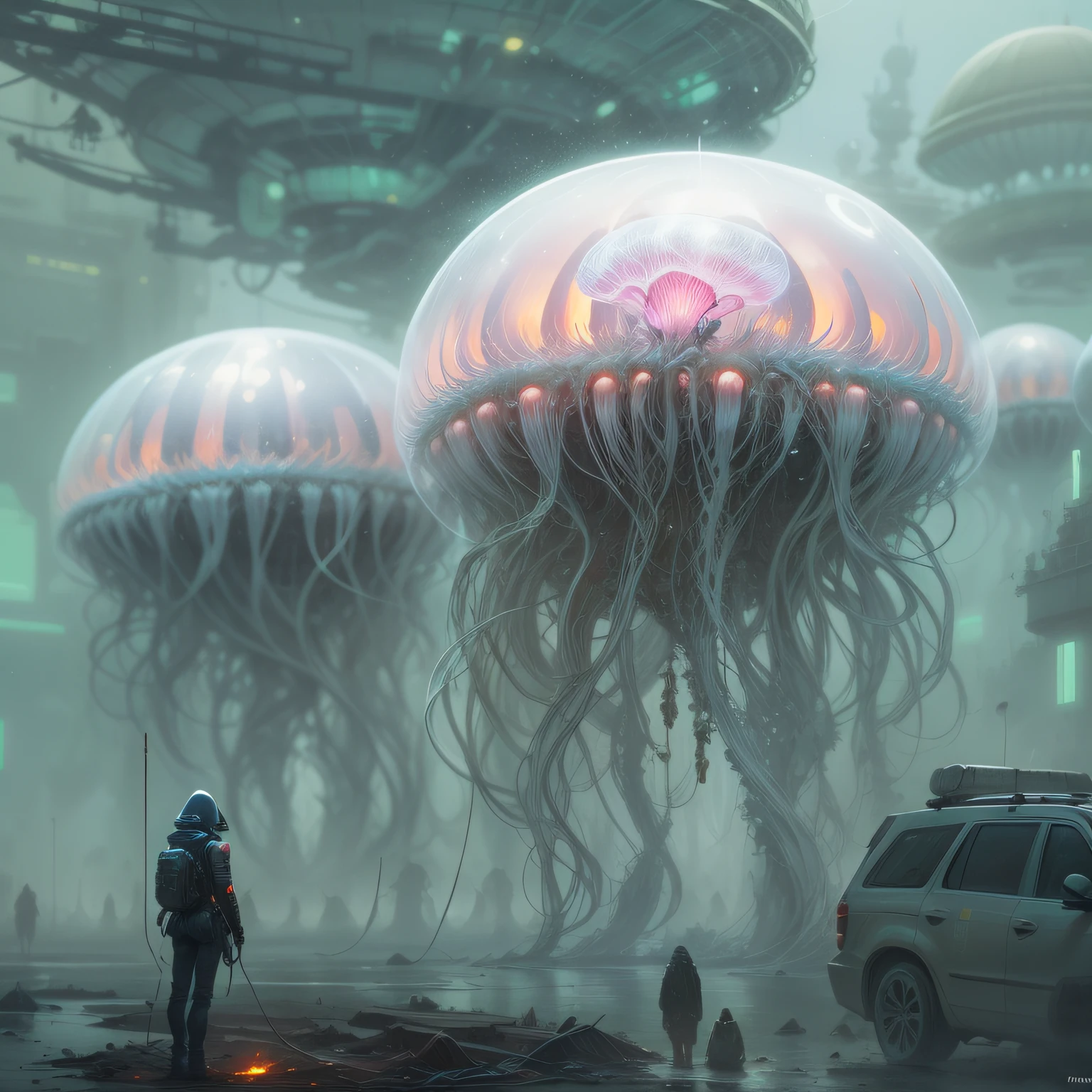 Insanely Detailed MOTHER SHIPS OF THE ALIENS INVASION Biomechanical JELLYFISH MADE OF WHITE PALE SLIME, Painting By Ismail_Inceoglu Tom Bagshaw Dan Witz CGSociety Fantasy Art 4K