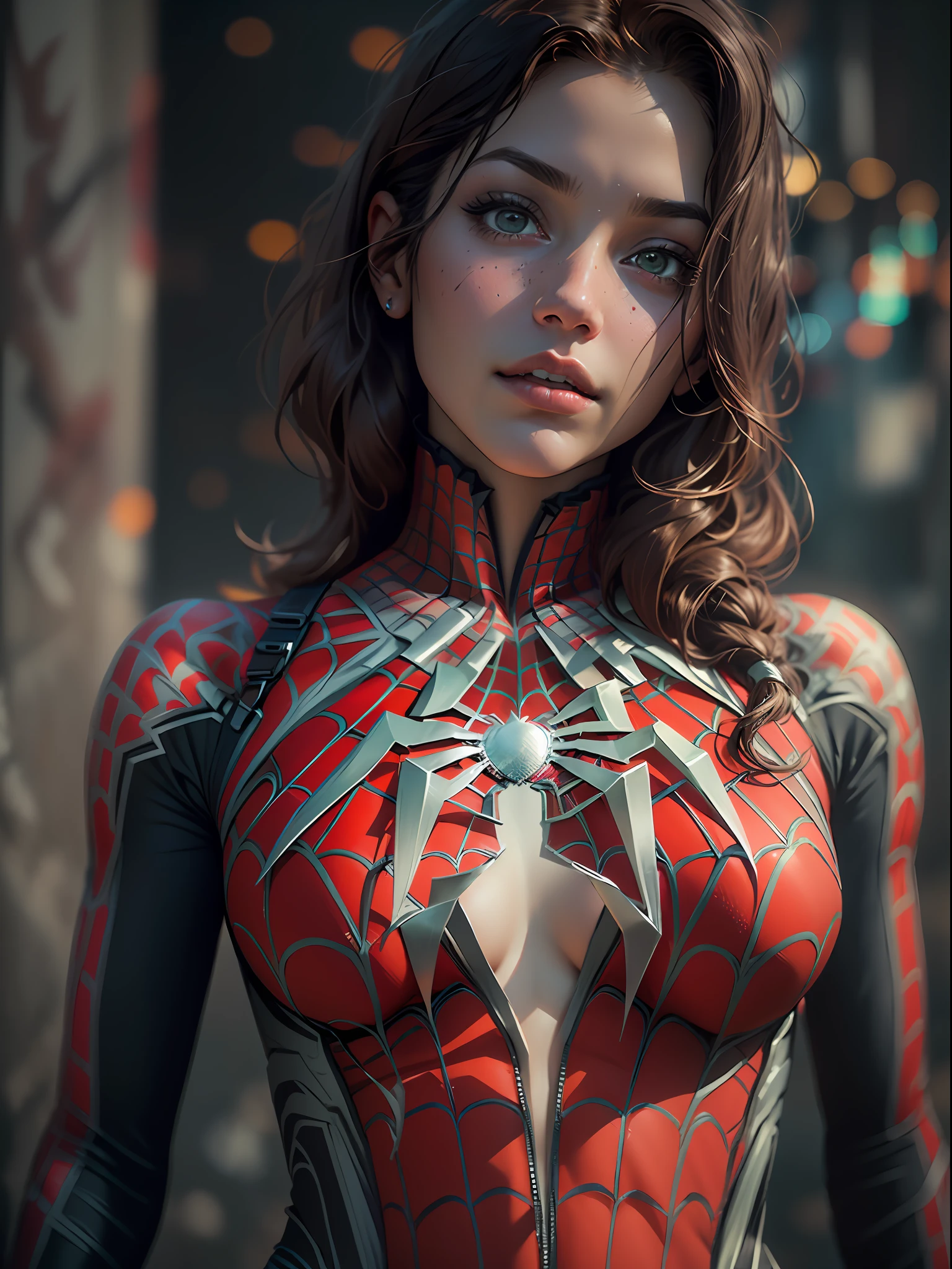 beautiful woman, detailed defined body, using spider man cosplay, 1girl, solo, atmospheric perspective, Nikon, masterpiece, super detail, award winning, 8k, textured skin