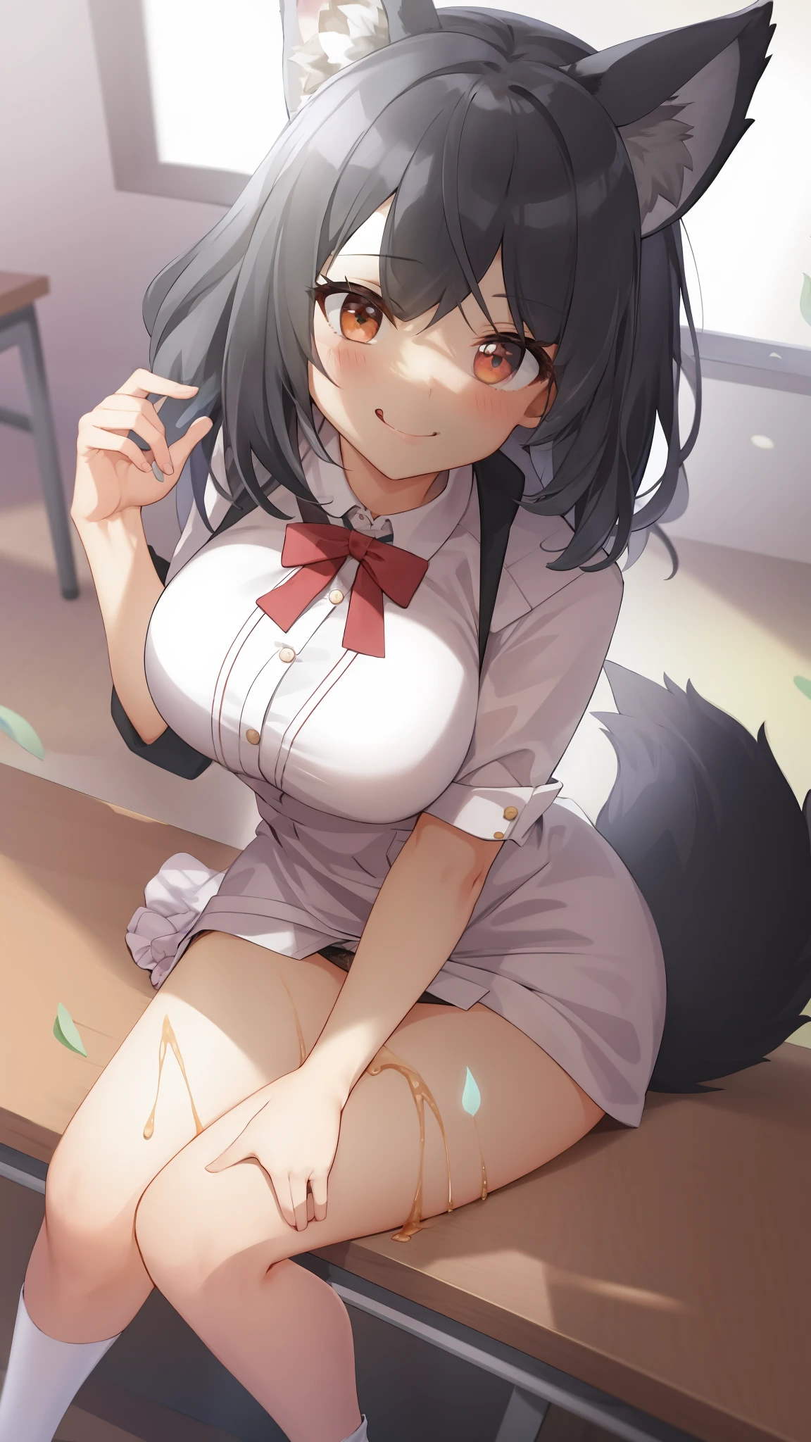 nedium breasts（Exposed upper ：2）， inside in room， No bra ， heavy breath，  expression invite， （（The blush is violent：1.8）），（（（spread their legs，Sit down with your knees bent））））Orange pupils，transparent panty，（with her mouth open：1.5）Stick out your tongue ，Wet body（（8k，RAW photos，top Quority，tmasterpiece），HD RAW color photo professional close-up Photograph，（realisticlying，realisticlying：1.37），（HighestQuali），（best shadow），（Most Best Illustration），），（（pornography，Raised ，超高分辨率，High-definition CG unity 8K wallpapers，physically-based renderingt，cinmatic lighting），（aegyo sal：1）（white suit jacket，ribbons，sockes，High School Uniforms：1.2），high school classroom， beatiful detailed eyes，Light on the face，（（full body shot shot：1.2）），Particularly bright light，（Upper Eye，grinning smile：1.2），shiny skins，（（（brunette color hair，bob hair：1.2））），（thick thight），ulzzang-6500-v1.1：0.2，is shy，（flash lights：1.2），NSFW，（puffynipple），（（tempting pose：1.2， enchanting：1.2）），（idle），Sit at a desk in the classroom，（（Good ：1.2）），（（Bright and refreshing classroom，The background is blurred out： 1.2）），s the perfect face，cute  face，Overlooking（high-angle shot：1.2）Wet body，，Attractive female body，big  beautiful，The most famous in the world，a constriction of the waist，beautifullegs，Detailed eyes，Brunette wolf girl，Wolf ears，Wolf tail，Short hair，Sexual suggestiveness，Milk spilled，Milk spilled over the girl
