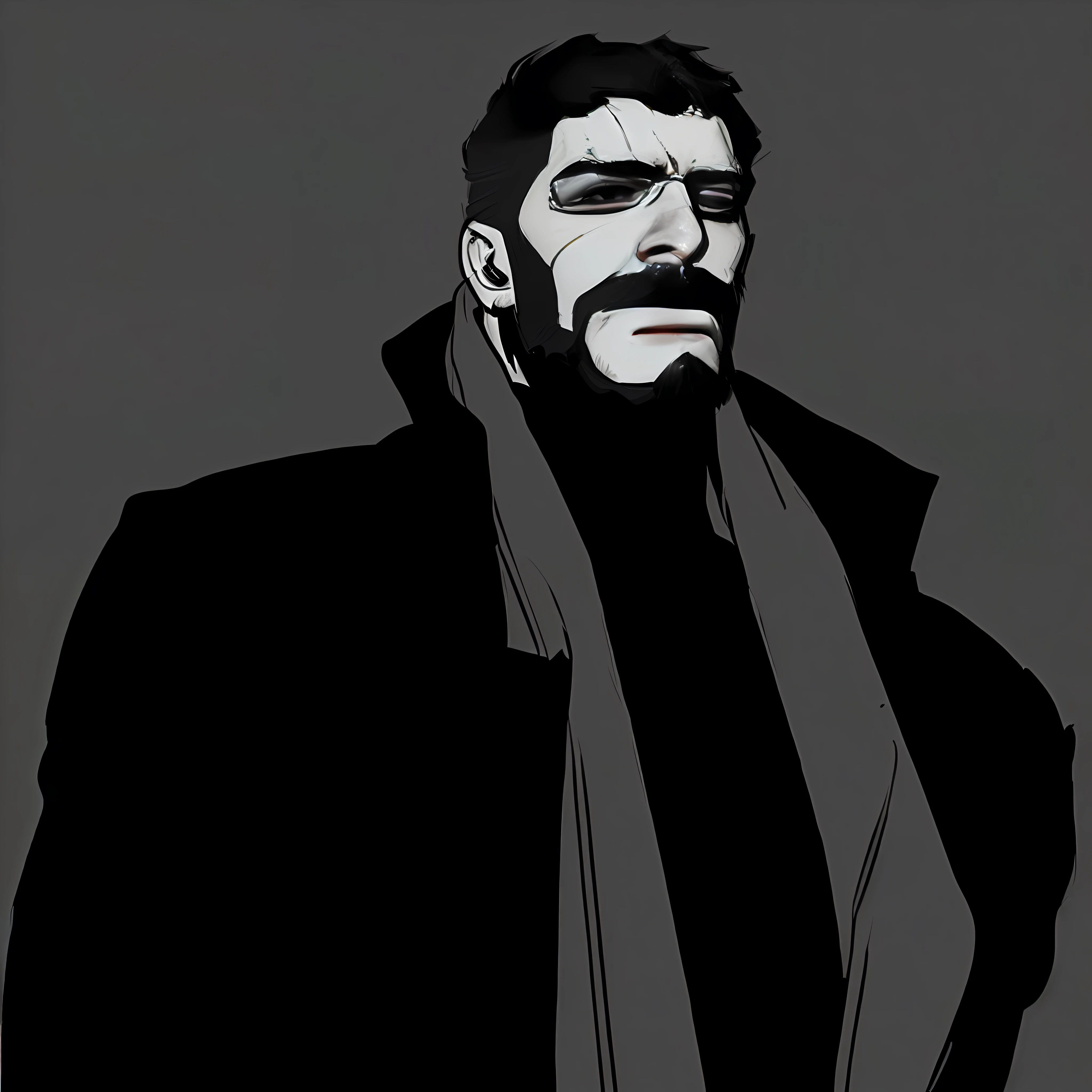 Image of a man with mustache and scarf, desenhado em um estilo neo - noir, Tecnologia batida. Neo Estilo Preto, desenhado em um estilo noir, metal gear solid art style, Kentaro Miura estilo de arte, Neo Estilo Preto, kentaro miura manga art style, design de personagens do mundo do filme noir, Hideaki ano anime --auto