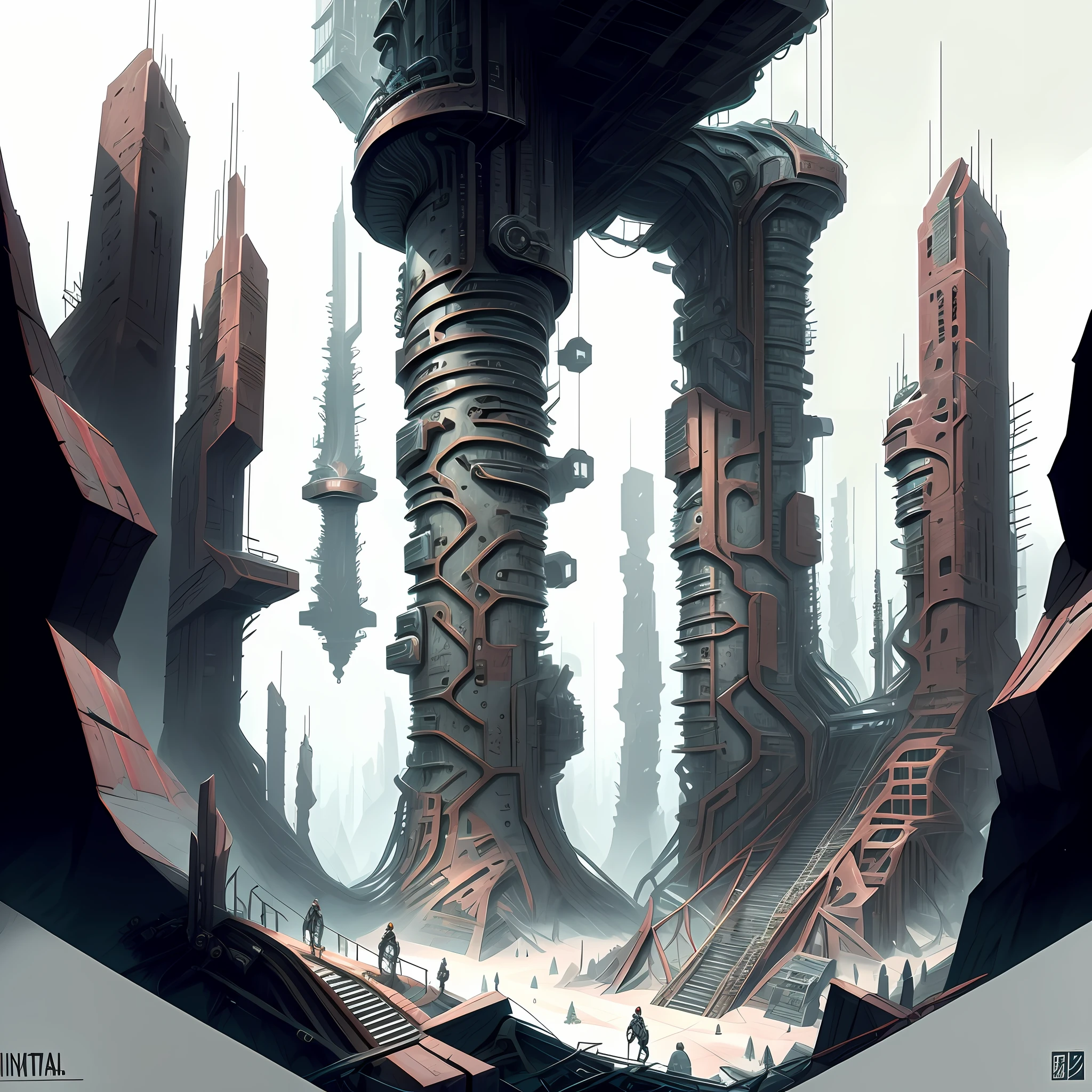 View from the top of the peak, Biomechanical universe infinity, isometric style, horror art, digital painting, sketch color drawing.