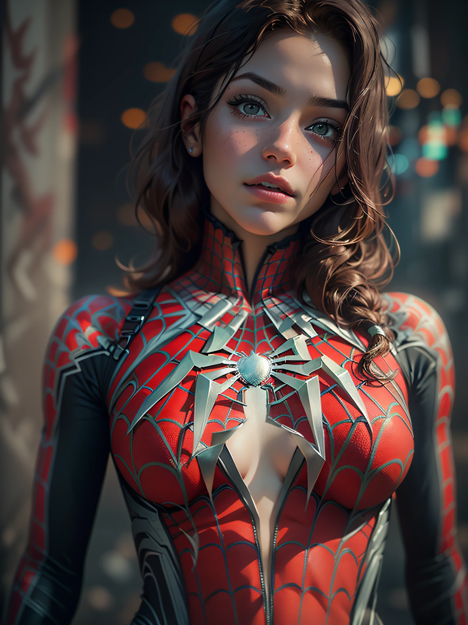 beautiful woman, detailed defined body, using spider man cosplay, 1girl, solo, atmospheric perspective, Nikon, masterpiece, super detail, award winning, 8k, textured skin