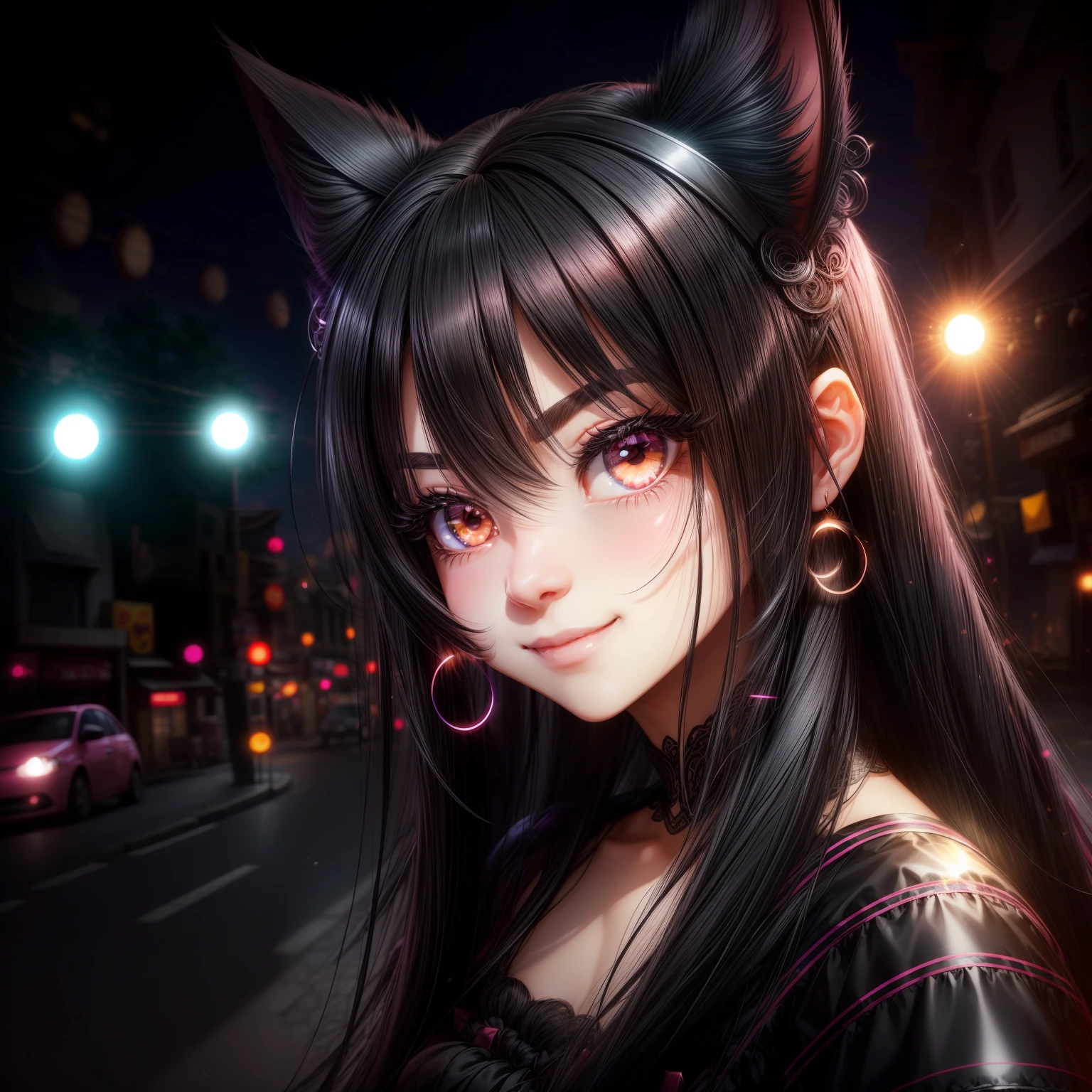 black hair, hair bobbles, wince, longeyelashes, solid circle eyes, fake animal ears, light smile, ear blush, fang, Surrealism, drop shadow, anaglyph, stereogram, tachi-e, pov, atmospheric perspective, 8k, super detail, ccurate, best quality --auto