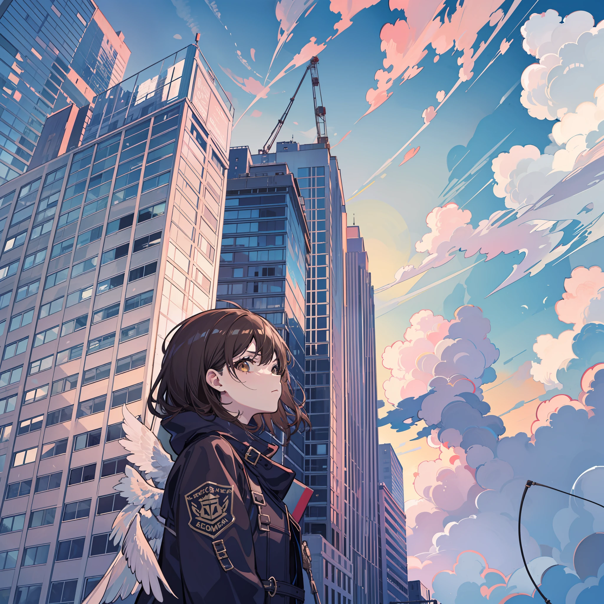 (masterpiece, best quality),from above , 1girl, solo, (feathered wings:1.2), billboard, brown eyes, brown hair, building, city, cloudy sky, coat, boots, crane \(machine\), dutch angle, from side, light frown, looking at viewer, outdoors, rooftop, sky, skyscraper
