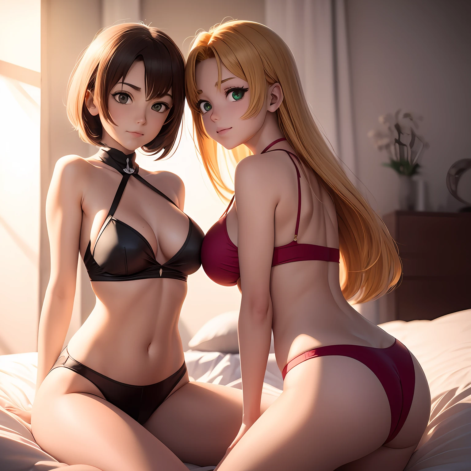 It's two women in gala attire lying on a bed, anime. soft lighting, duas lindas garotas de anime, garotas de anime, Wlop e Sakimichan, anime fotorrealista, pose sexy, anime sedutora, Estilo anime 3D realista, estilo realismo anime, 3 d anime realista, Nixeu e Sakimichan, meninaansando, (((hands in butt)))