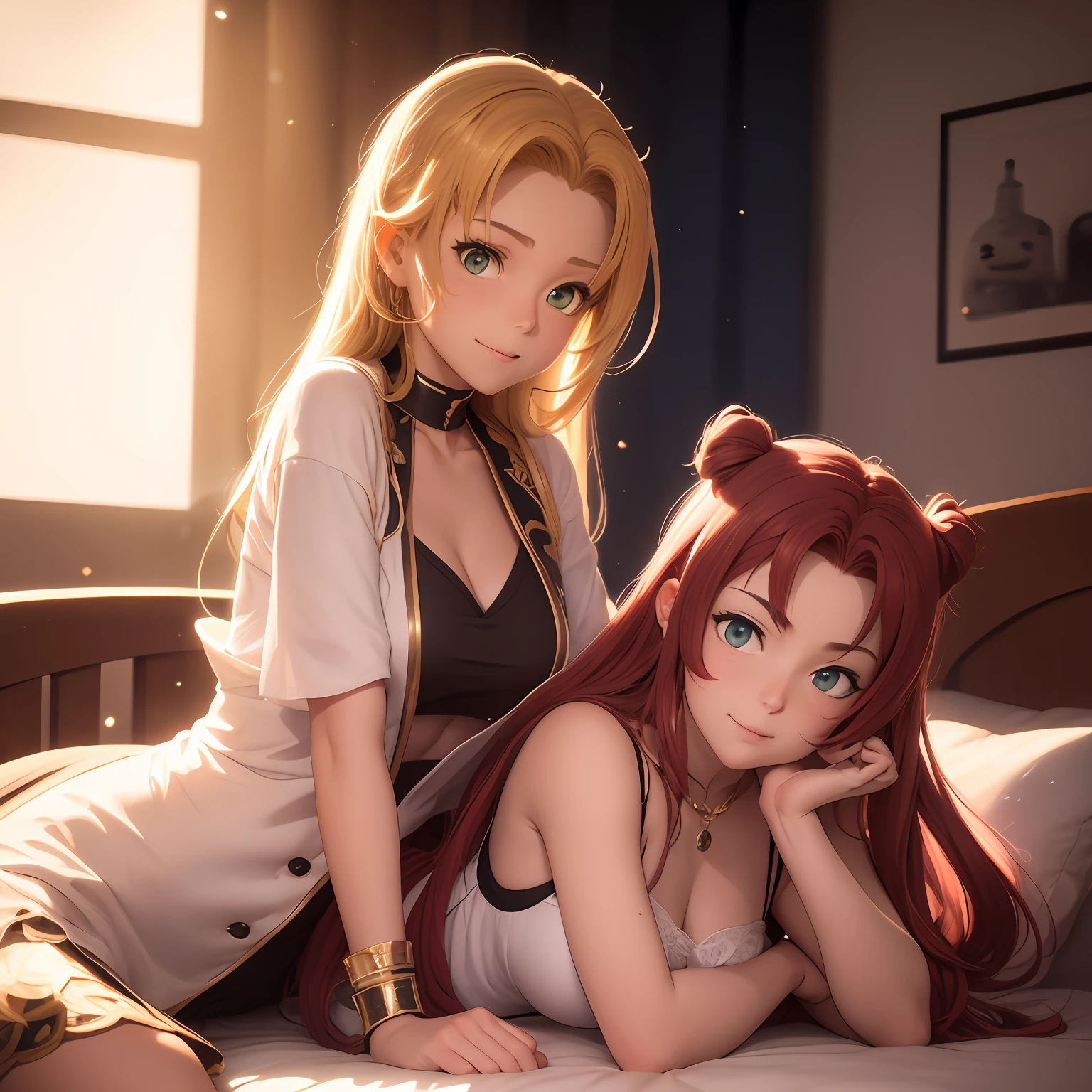 It's two women in gala attire lying on a bed, anime. soft lighting, duas lindas garotas de anime, garotas de anime, Wlop e Sakimichan, anime fotorrealista, pose sexy, menina anime sedutora, Estilo anime 3D realista, estilo realismo anime, 3 d anime realista, Nixeu e Sakimichan, meninas descansando, (((hands in butt)))