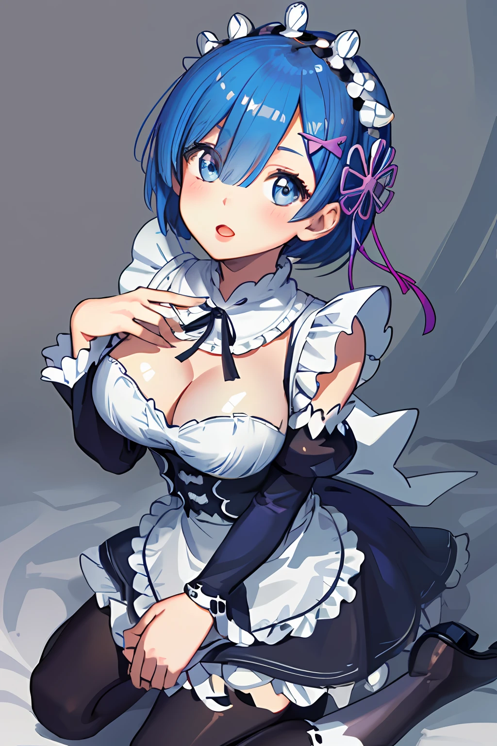 (masterpiece, best quality;1.3), ultra detailed, Looking at viewer, kissy face,   from above, open mouth,full body, kneeling,
rem_re_zero, blue hair, short hair, maid uniform, hair ornament, cleavage, maid headdress, detached sleeves, ribbon heart-shaped pupils,pink back ground,