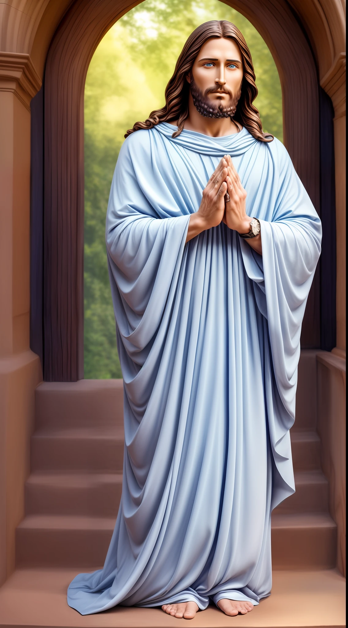 Perfect hand 5 finger, Portrait of a handsome Jesus , Jesus Christ, real blue eyes, sunny day, intricate details.real jesus lord, straight head face, Straight body.Prayer jesus, perfect full body, perfect hands finger,Prayer jesus, praying jesus backgrounds natural photographic