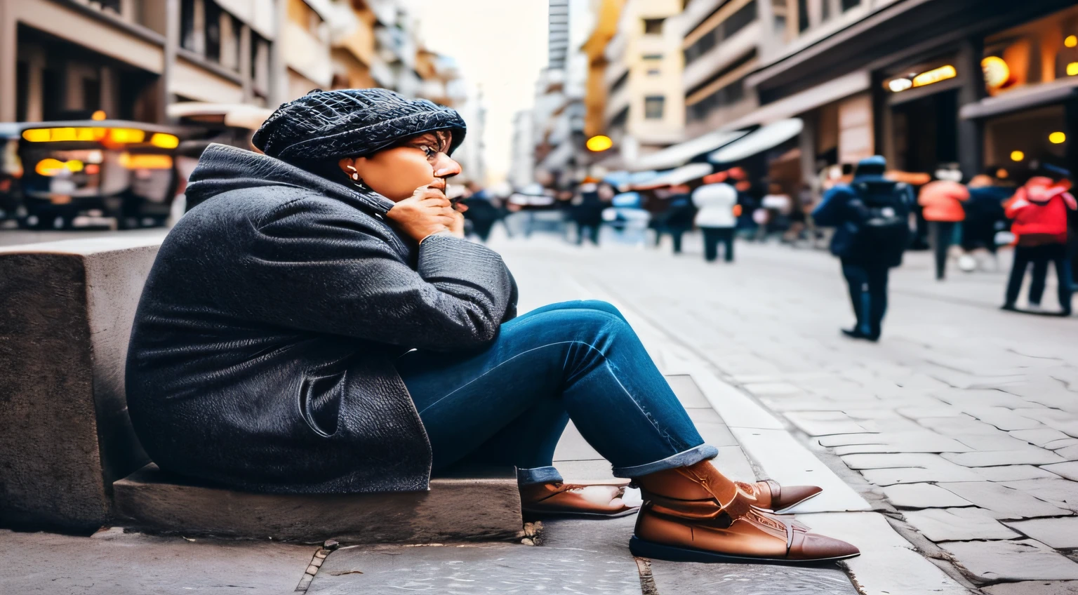 uma mulher de meia-idade, atencioso, soio, Sitting on a sidewalk, cercado por uma cidade com muitas pessoas, 1.280 px por 720 px