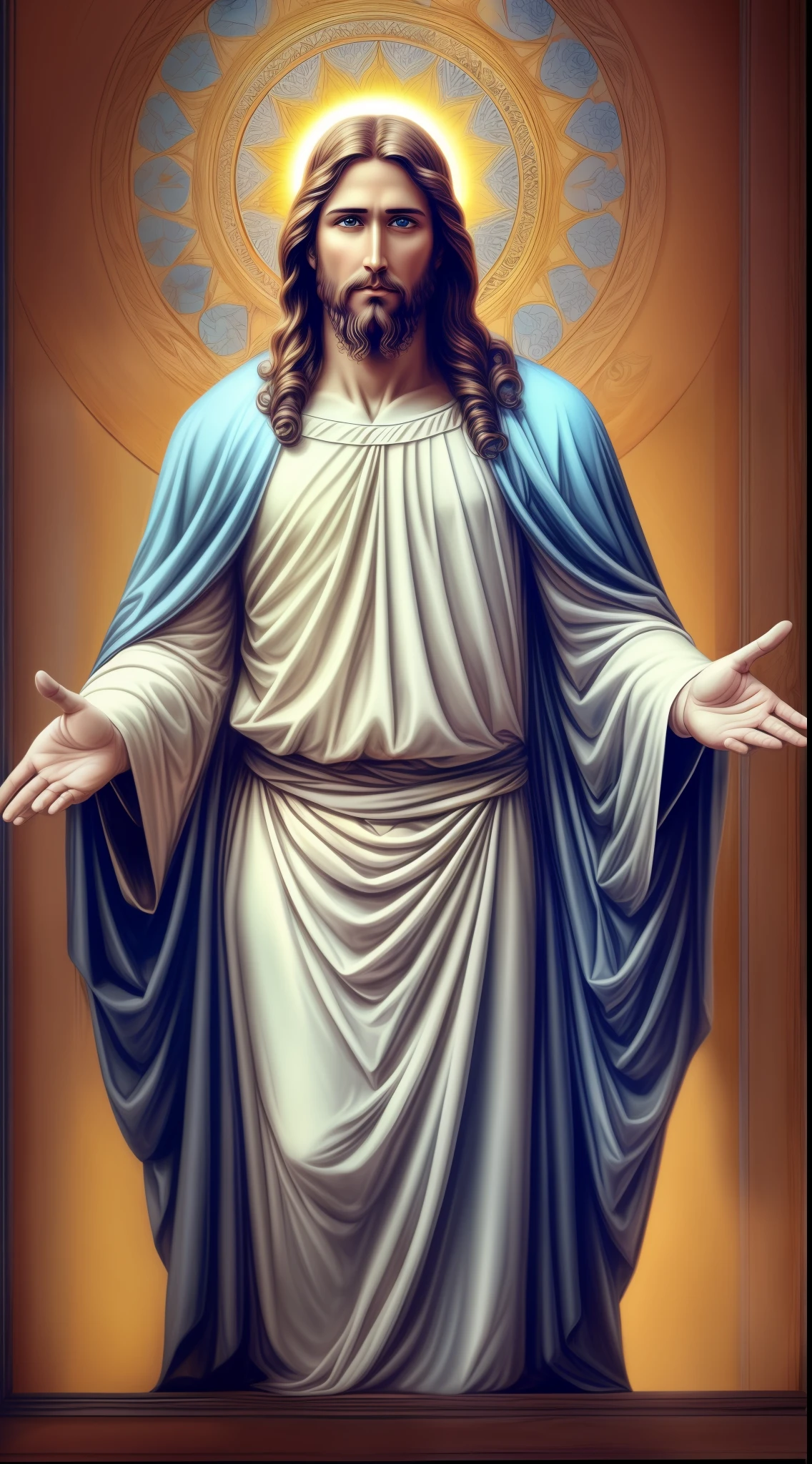 Perfect hand 5 finger, Portrait of a handsome Jesus , Jesus Christ, real blue eyes, sunny day, intricate details.real jesus lord, straight head face, Straight body.Prayer jesus, perfect full body,  perfect hands finger,Prayer jesus, praying jesus backgrounds natural photographic