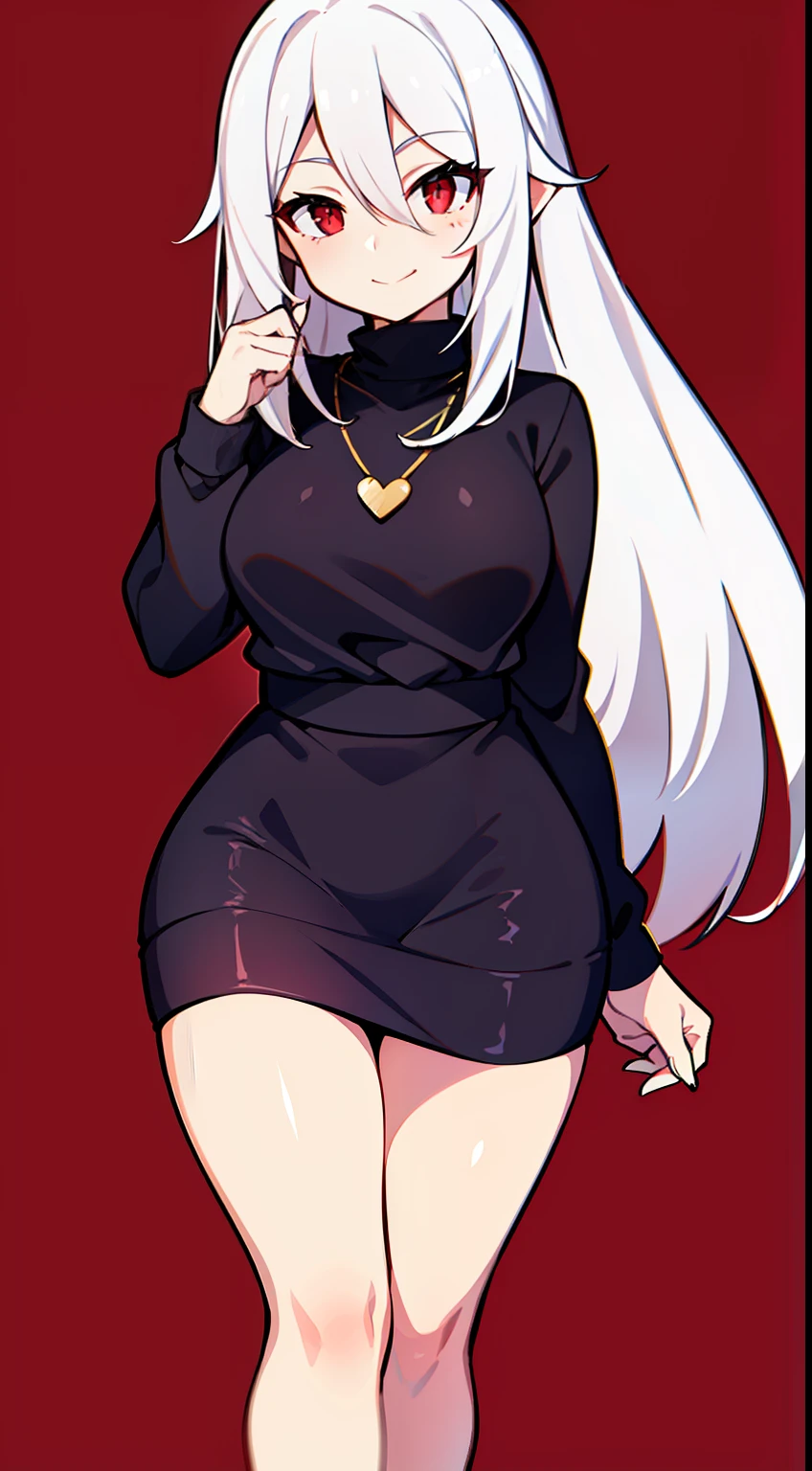 Mature lady with long white hair; medias hasta las rodillas, Black sweater with long neck, Red eyes and small smile, short skirt, cuerpo completo, pechos grandes, flequillo entre los ojos, Golden heart necklace