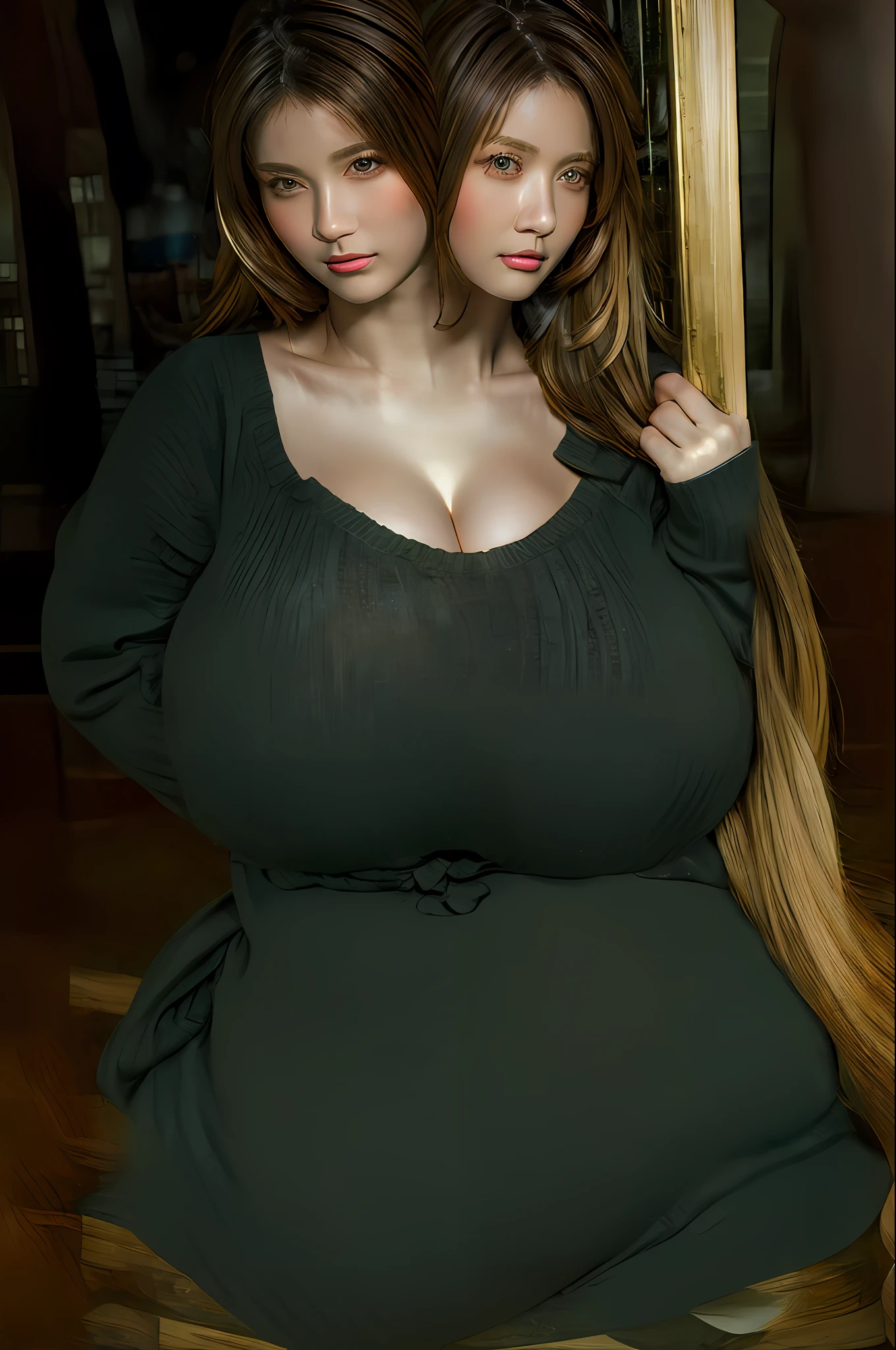 2heads, conjoined, (masterpiece:1.3), (8k, photorealistic, RAW photo, best quality: 1.4), (1girl), beautiful face, (realistic face), (brown hair, long messy hair:1.3), beautiful hairstyle, realistic eyes, beautiful round detailed eyes, not asian,(realistic skin), beautiful skin, massive breasts, (two times sweater), absurdres, attractive, ultra high res, ultra realistic, highly detailed, golden ratio, enormous breasts. Gigantic breasts. Disproportionately large breasts.