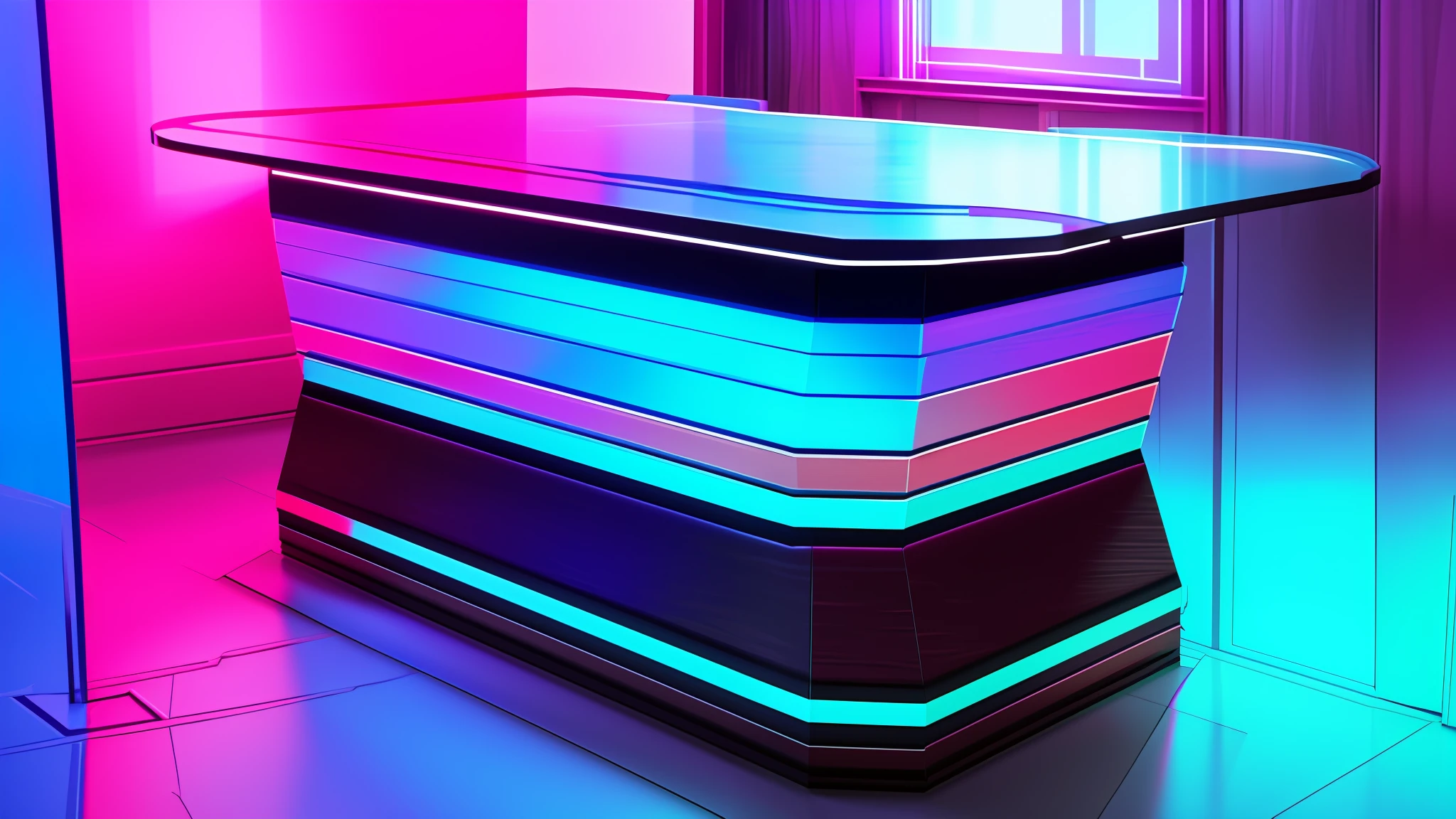a table in a room, colored layers, neon edges on bottom of body, stylized layered shapes, visible paint layers, hyperdetailed crisp render, high quality topical render, physical based render, depth detail, visible layers, volumetric backlighting, material study, super scale rendered, multilayered paint, pbr render