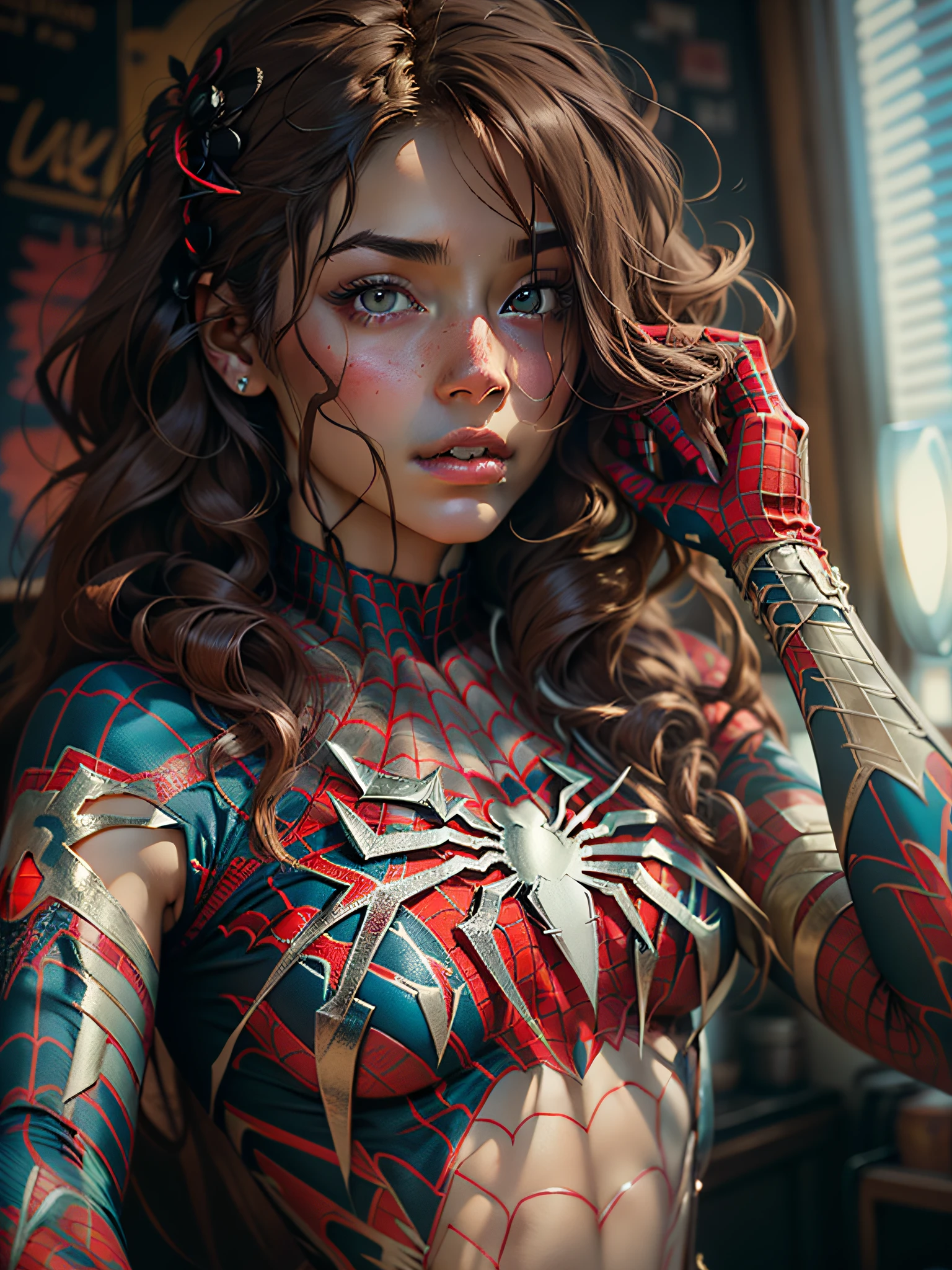 beautiful woman, detailed defined body, using spider man cosplay, 1girl, solo, sideways, Nikon, masterpiece, super detail, award winning, 8k, textured skin