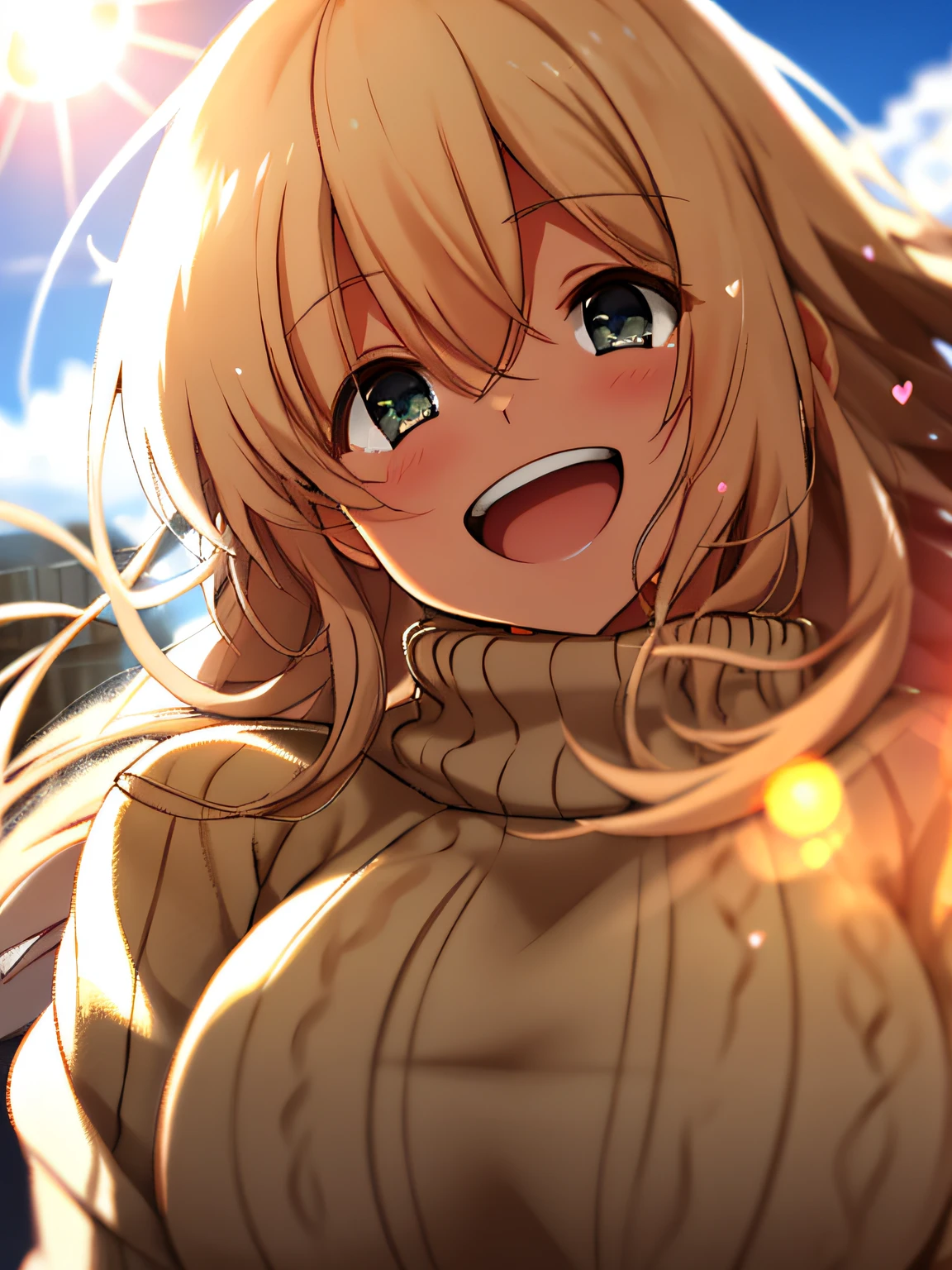 a girl, cosy sweater on, upper body, (huge Laughing:1.1), (open mouth:1.1), (wide open eyes:1.2), sun glare, bokeh, depth of field, blurry background, light particles, strong wind, (heart particles:1.1)