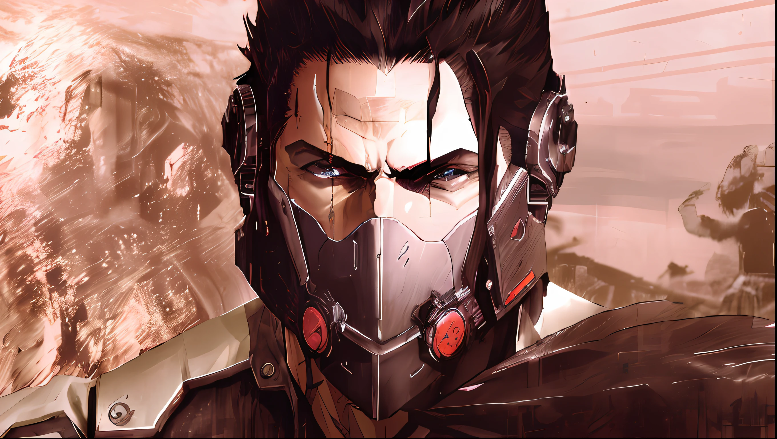arafed man with a futuristic helmet and a leather jacket, cyberpunk face, face of an armored villian, tsurumaki kazuya, portrait of a cyberpunk samurai, johnny silverhand, metal gear rising revengeance, portrait of adam jensen, metal gear rising, cyberpunk samurai, raiden from metal gear rising, technomancer