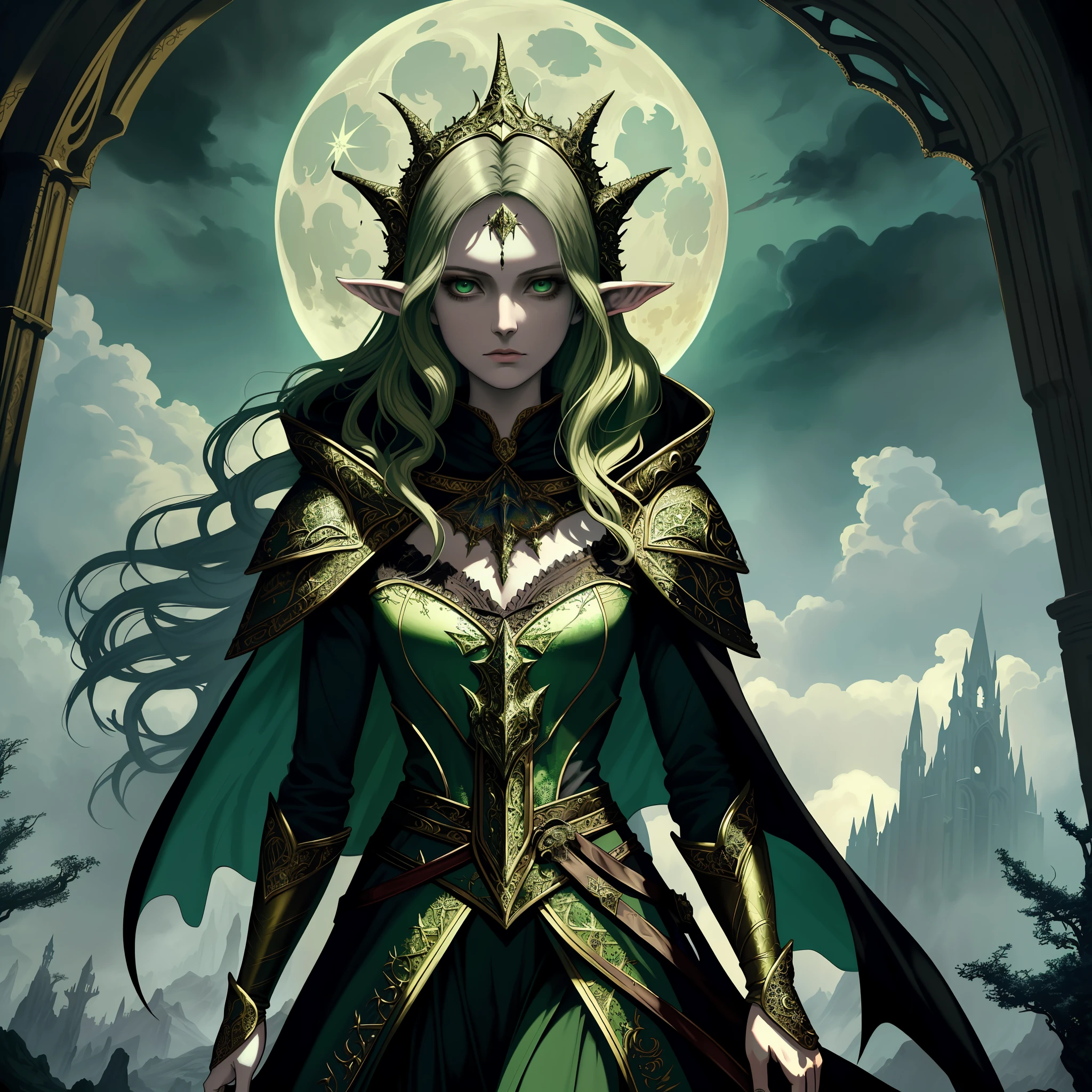 gothic art, dark fantasy art, dnd art, (masterpiece:1.5), full body intricate details, highly detailed, best quality, highres, portrait of a female, elf (1.6, fantasy art, Masterpiece, best quality), feminine, druid, cleric of nature, (1.4 intricate details, fantasy art, Masterpiece, best quality) with a short brown hair, green eyes, (fantasy art, Masterpiece, best quality), ((beautiful delicate face)), Ultra Detailed Face (1.6 intricate details, fantasy art, Masterpiece, best quality), armed a staff, green cloak, flowing cloak (1.4 intricate details, fantasy art, Masterpiece, best quality), leather armor (1.4 intricate details, fantasy art, Masterpiece, best quality), in fantasy setting forest at night, moon, clouds, gothic atmosphere, soft light, cinematic light, [[anatomically correct]], high details, best quality, 8k, [ultra detailed], masterpiece, best quality, (extremely detailed), dynamic angle