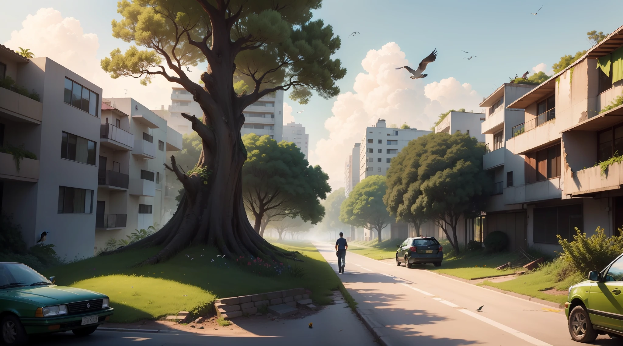 "Illustration of a lush nature setting with trees, colorful flowers and birds.  Scenery is vibrant and full of life, with leafy trees, Many colorful flowers and birds flying freely.  The image should convey hope, showing that a destroyed environment can be transformed into a healthy environment full of life again, se permitirmos que a natureza siga seu curso."