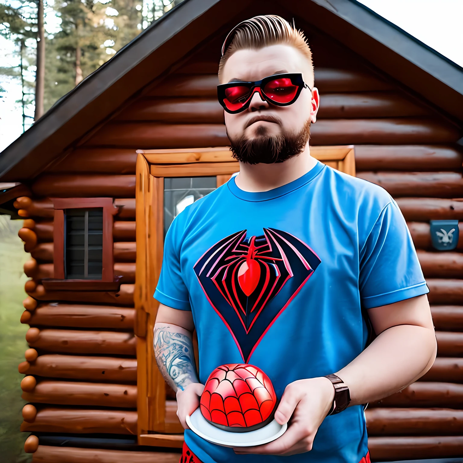 Hornswoggle with a bowl haircut wearing a spiderman shirt and colourful sunglasses holding a small glowing red stone, inside a wooden cabin.