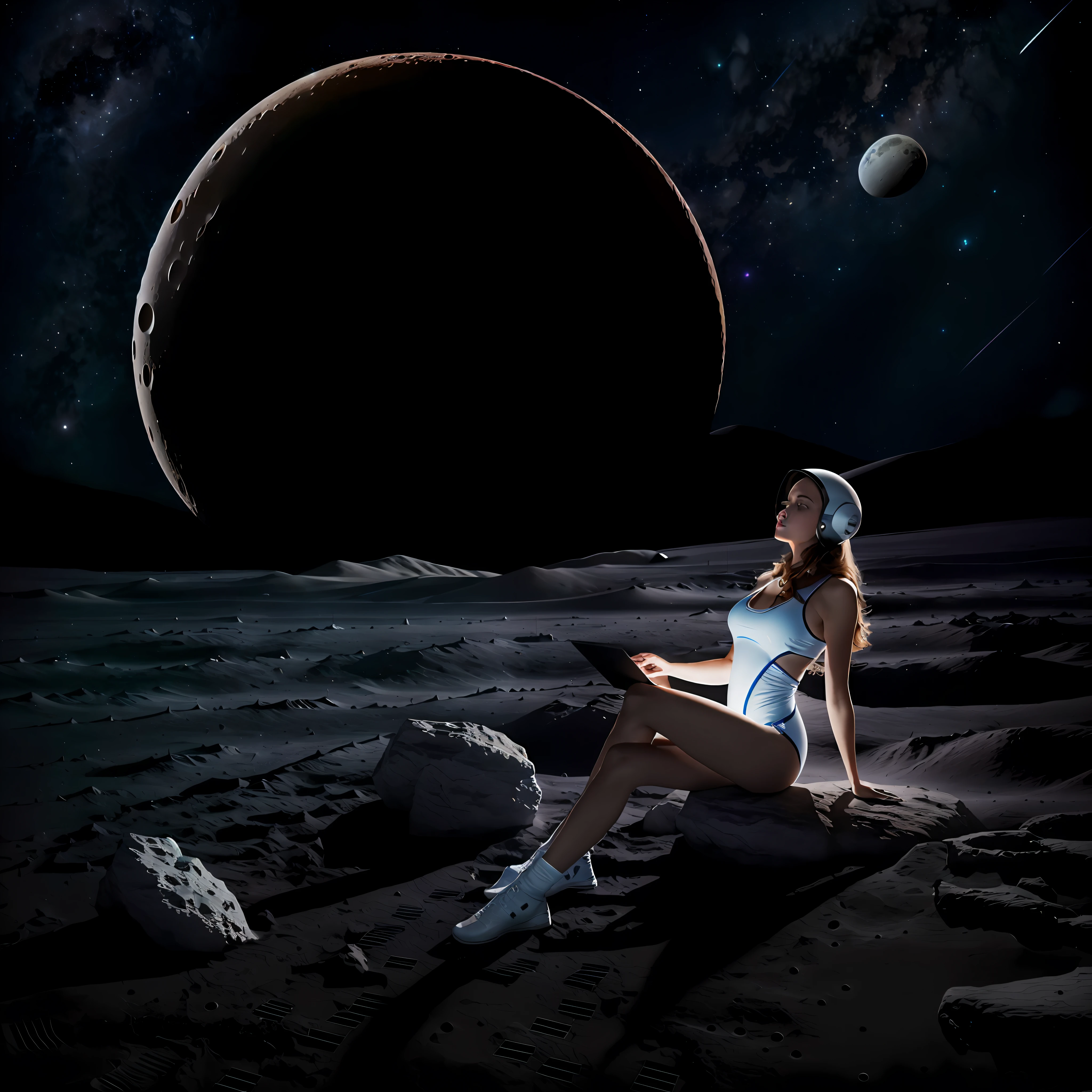 detailing, tmasterpiece, 8K, A girl in an astronaut costume sits on the surface of the moon, sexypose, squeezes boobs with both hands