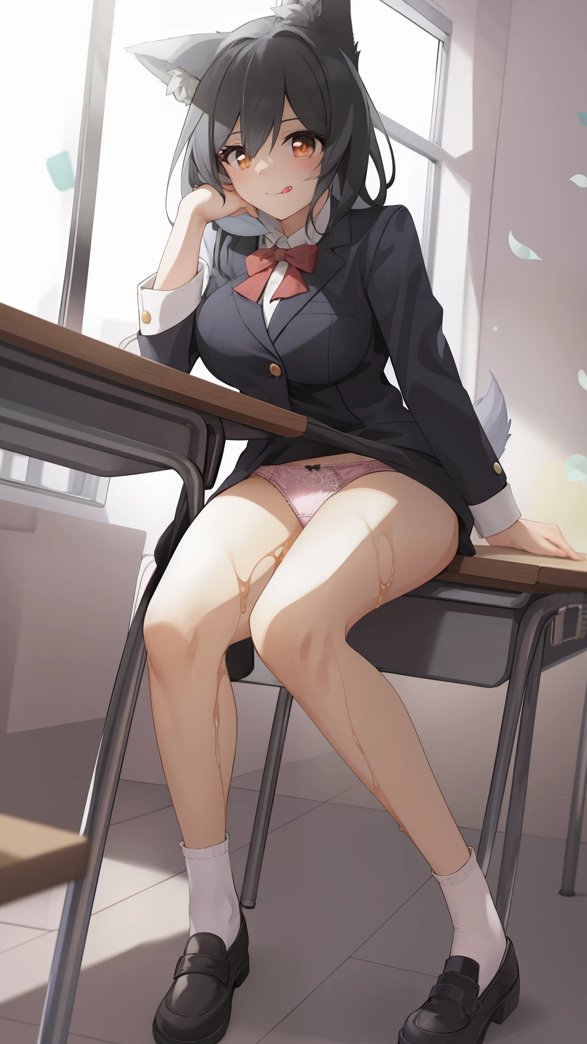 ((8k,RAW photos,top Quority,tmasterpiece)in the breast,(underboobs exposed:2), inside in room, No bra , heavy breath, sexual expression invite,face ,((The blush is violent:1.8)),leges,(((spread their legs,Sit down with your knees bent,Expose inner thighs,Expose deep thighs)))),Orange pupils,beak,(with her mouth open:1.5),tongue,Stick out your tongue ,Wet body,HD RAW color photo professional close-up Photograph,(realisticlying,realisticlying:1.37),(HighestQuali),(best shadow),(Most Best Illustration),),((pornography,Raised sexy,超高分辨率,High-definition CG unity 8K wallpapers,physically-based renderingt,cinmatic lighting),(aegyo sal:1)(grey blazer,ribbons,sockes,High School Uniforms:1.2),high school classroom, beatiful detailed eyes,Light on the face,((full body shot shot:1.2)),Particularly bright light,(Upper Eye,grinning smile:1.2),shiny skins,((Wet body),(Milk spilled:5,))(thick thight),ulzzang-6500-v1.1:0.2,is shy,(flash lights:1.2),NSFW,(puffynipple),((tempting pose:1.2,big breasts enchanting:1.2)),(idle),Sit at a desk in the classroom,((Good anatomy:1.2)),((Bright and refreshing classroom,The background is blurred out: 1.2)),s the perfect face,cute face,(high-angle shot:1.2)full bodyesbian((Wet body),(Spilled with plenty of milk,)),Attractive female body,big breasts beautiful,The most famous in the world,a constriction of the waist,beautifullegs,Detailed eyes,Brunette wolf girl,Wolf ears,Wolf tail,Short hair,Sexual suggestiveness,Lace panties,((Exposed panties: 2))