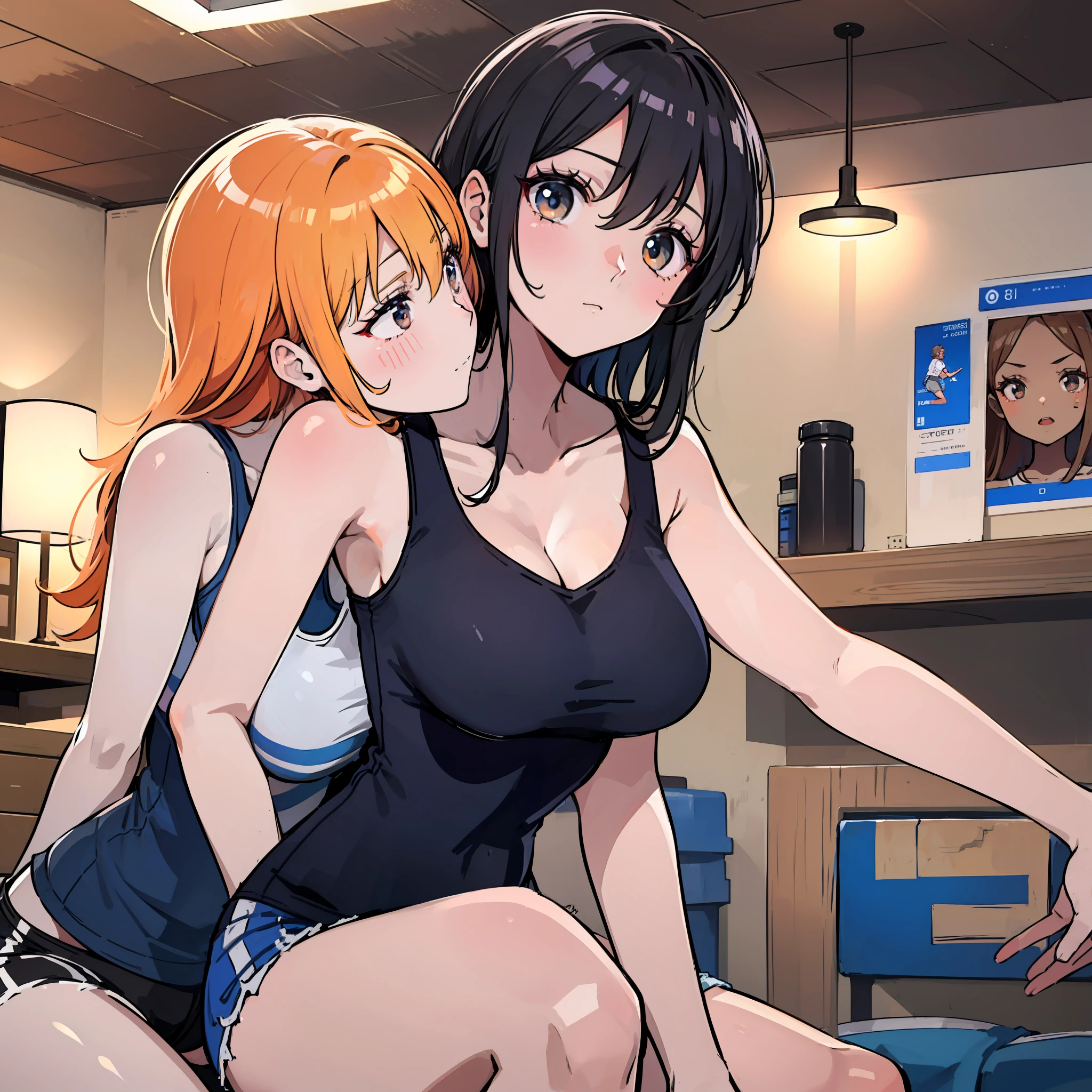Two girls of different skin colors,plat,Black tank top with super shorts,Sports makeup,Superior private rooms,perspire,Leaning together,Bare chest