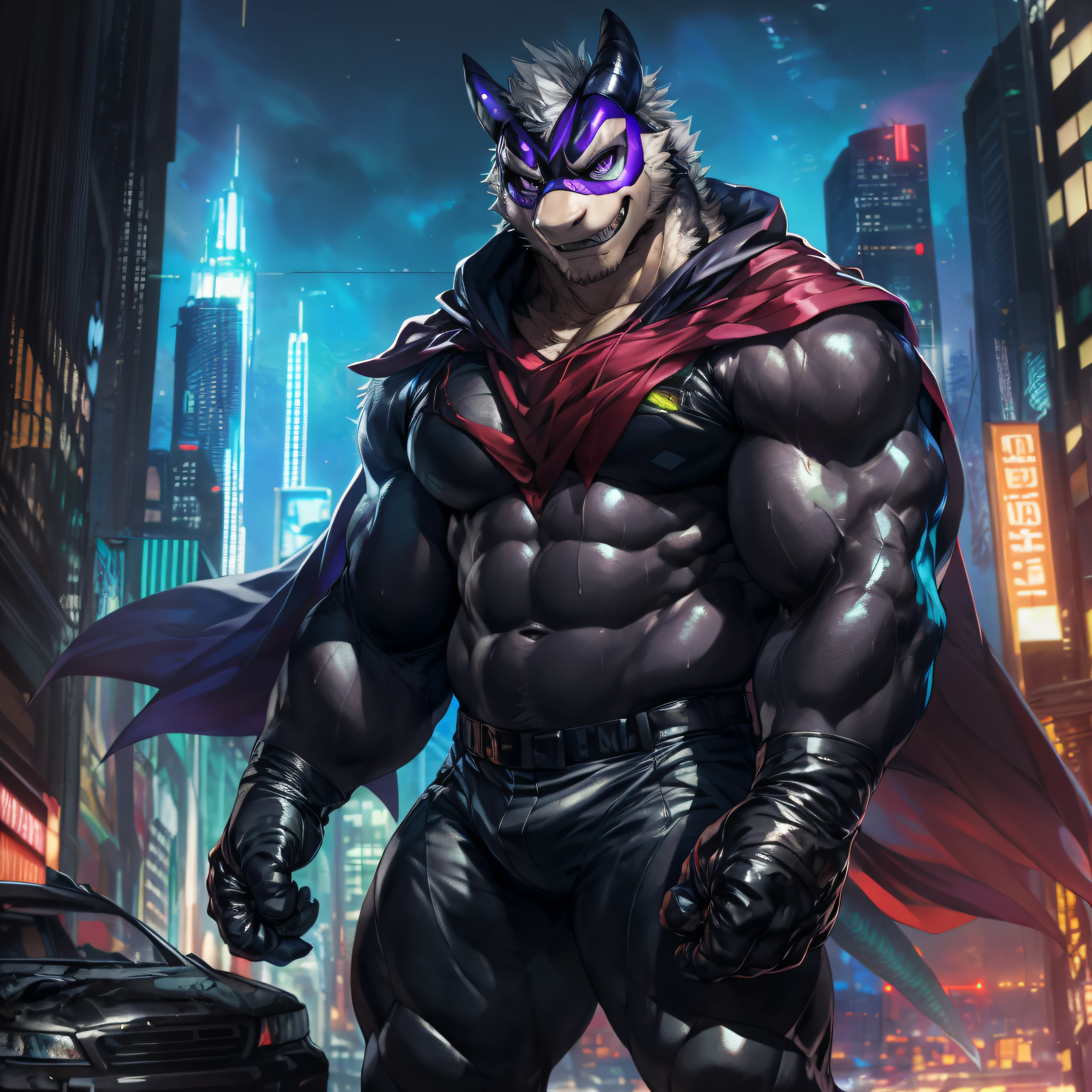 2d, masterpiece, best quality, 4k, 8k, ultra highres, raw photo in hdr, sharp focus, photo realism ,real life like, in a night city, detailed background, solo, (gloves, mask, skin tight), big pink, sweat, (by null-ghost, by thebigslick, by darkgem, by honovy), Dragon anthro, male focus, perfect purple eyes, full body, sfw, Whole Body, cape, Full View, Villian, Bad Guy, Evil, destroyed car, smirk, crazy,