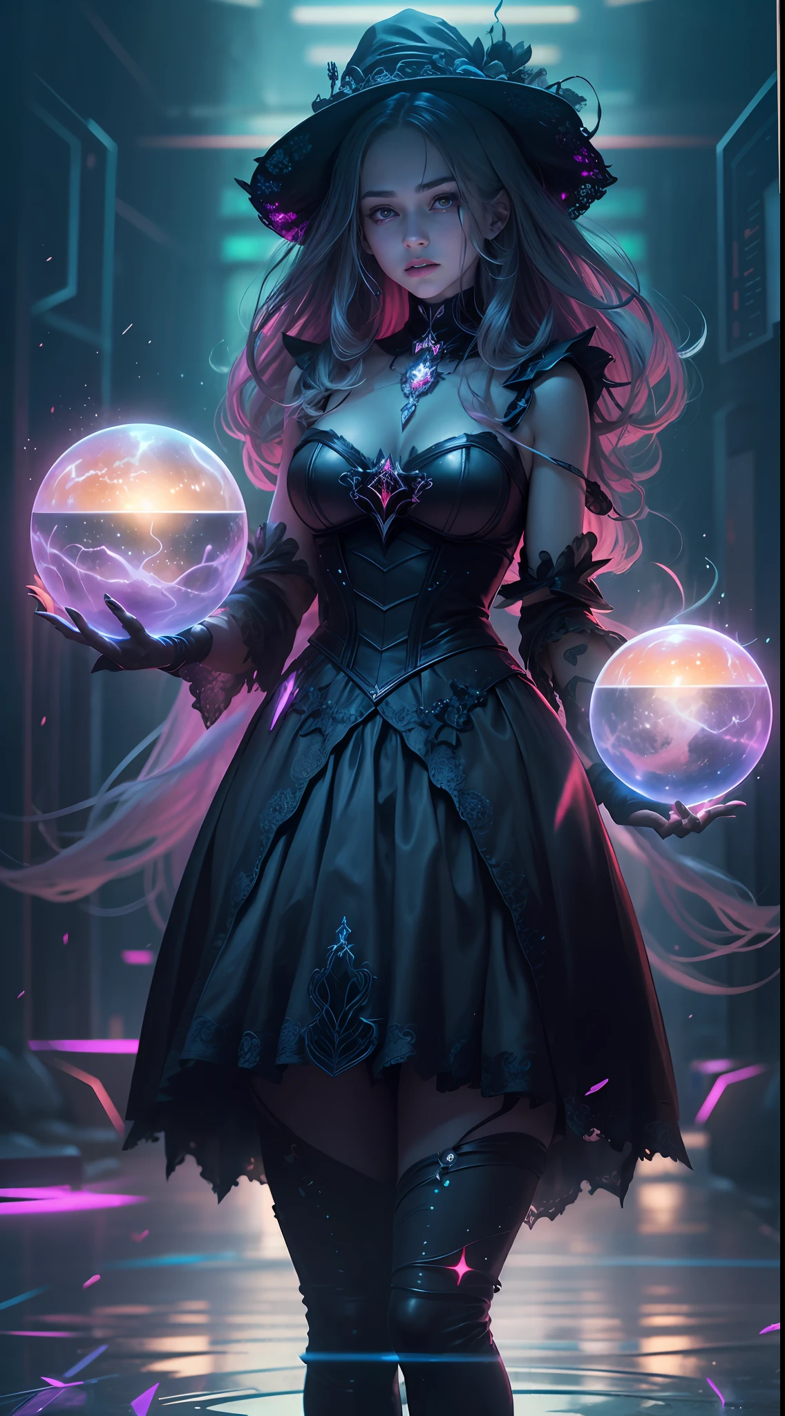 1 girl is 20 years old, a witch is neon lighting on hands, themes of Otherworldly with dark fantasy and ethereal fantasy, sparkle core with many magic orb background, fantastic realism,  best quality, highest quality, 8K, absurd res, epic high quality, extremely detailed, ultra detailed skin, insanely detailed, hyper realistic, very high resolution, ultra photorealistic,
