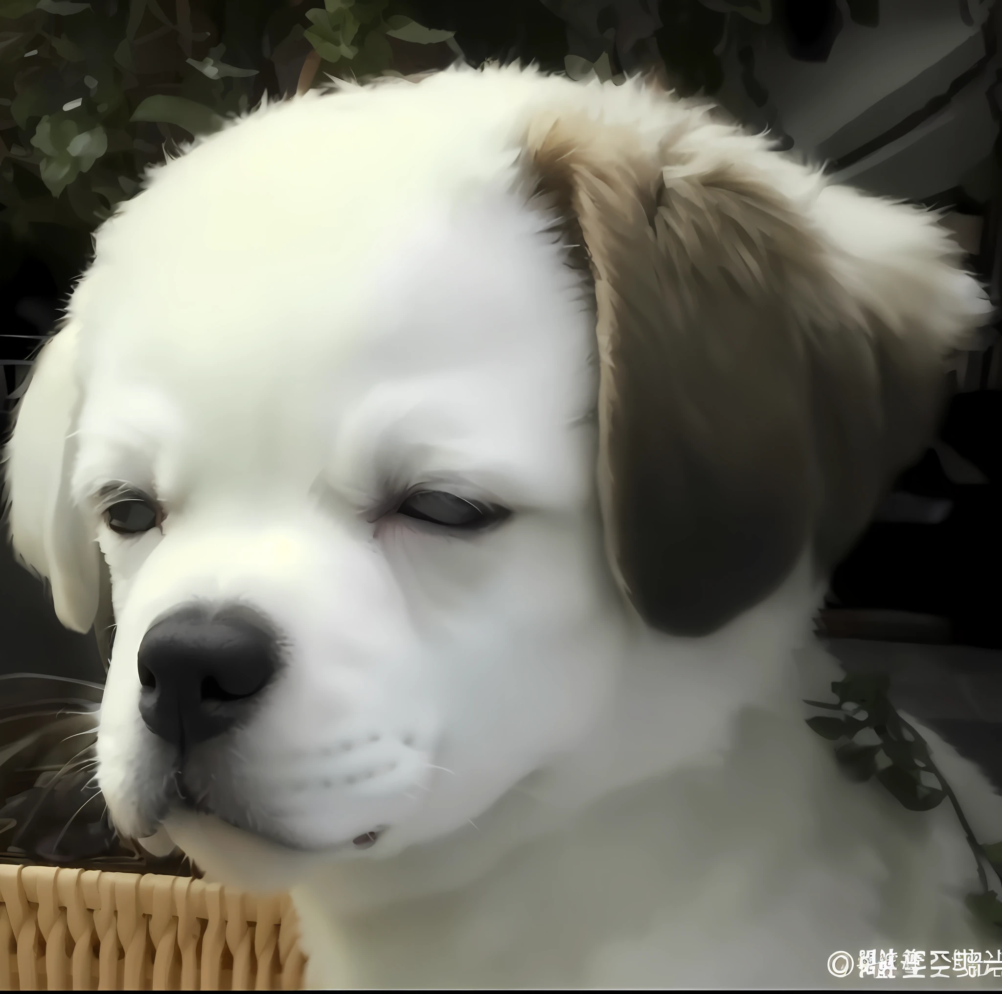 There is a white dog,Brown nose and black nose, crying eyes closed!, japanese dog, Sleepy expression, exhausted face, Tired expression, emotional face shot, kawaii cute dog, one eye wink, komono, winking one eye, tired eyes, Sleepy eyes, Cute dog, (winking), There are cute doting eyes with sad eyes