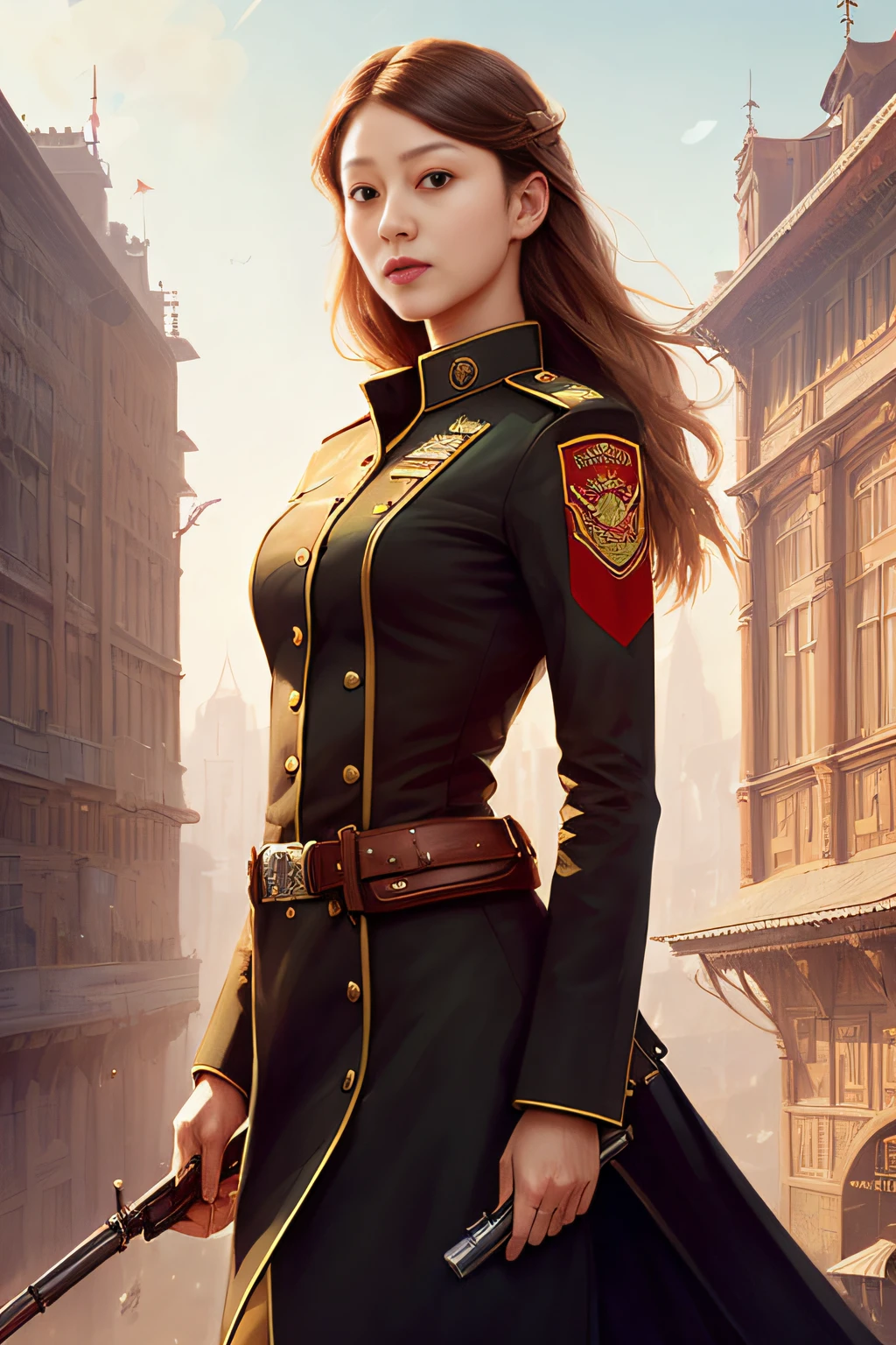 ModelShoot style, (Extremely detailed Cg Unity 8K wallpaper, Hasselblad Award Winner), Beautiful detailed portrait of young blonde woman, Beautiful sports girl in Soviet militia uniform, Serious look, (NKVD style:1.4), Stand in a defiant position, Provocative advantageous position above the camera, Cinematic lighting, ambient soft lighting, Dramatic lighting, diffused soft lighting, Pilot style, (Detailed background of the Red Flag of the USSR:1.2), Futuristic, Imperial style, elite, Rich, Highly detailed, Intricate, Sexy uniforms, Hot body, Small breasts, Long coat with long golden tail and brown fur, art stations, CG Social Art, Deviant art trends, 8K HD, Masterpiece, High quality, Sharp focus, Digital art by Artgerm and Greg Rutkowski and Alphonse Mucha, Professional majestic oil painting by Ed Blinkey, atey ghailan, by Ghibli Studio, author:Jeremy Mann, Greg Manchess, Antonio Moro, trending on artstationh, trending on CGSociety, Intricate, High detail, Sharp focus, Dramatic, photorealistic painting art by midjourney and greg rutkowski