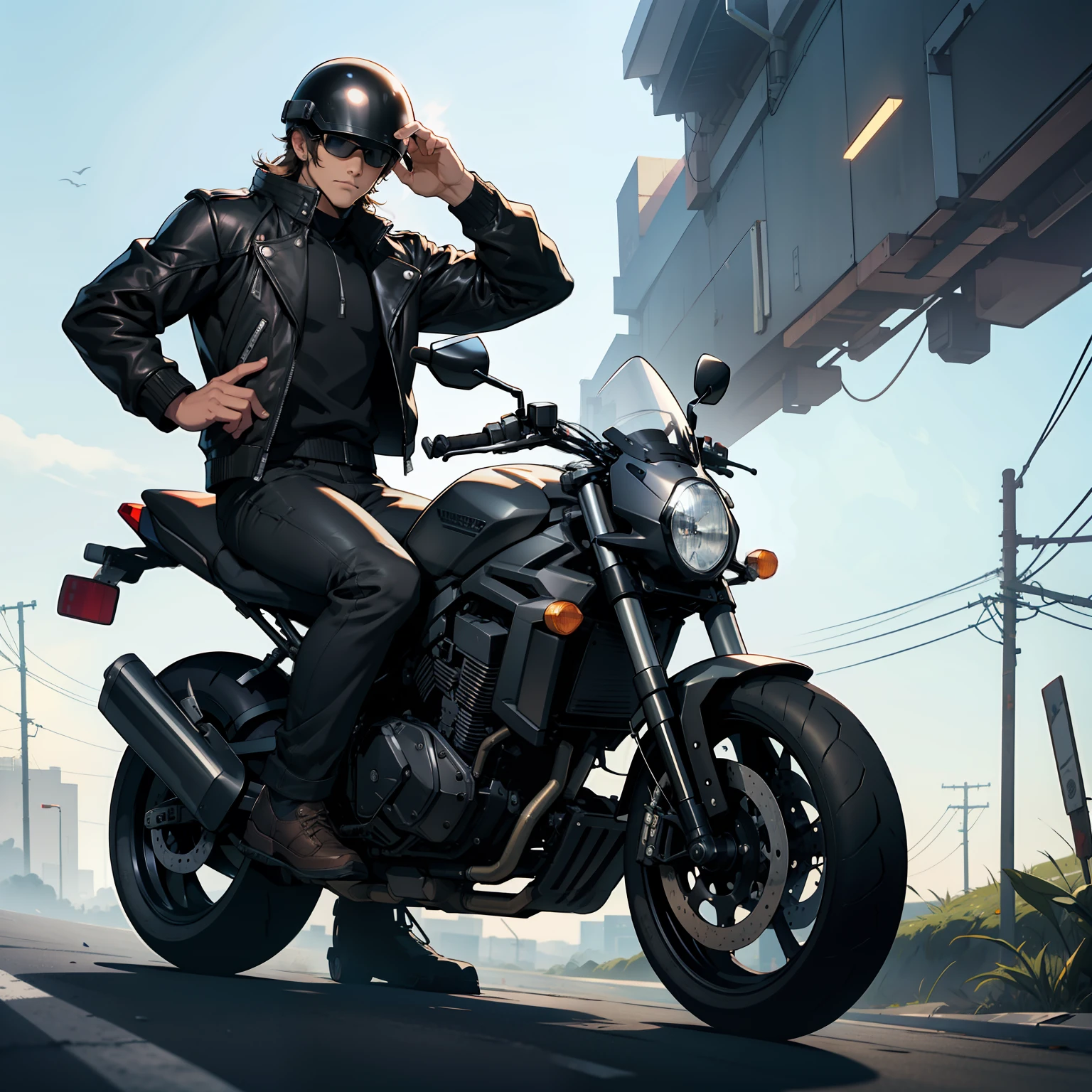 one man, biker, black clothes, brown leather jacket, helmet with white visor, full body only, 4k, anime art --auto