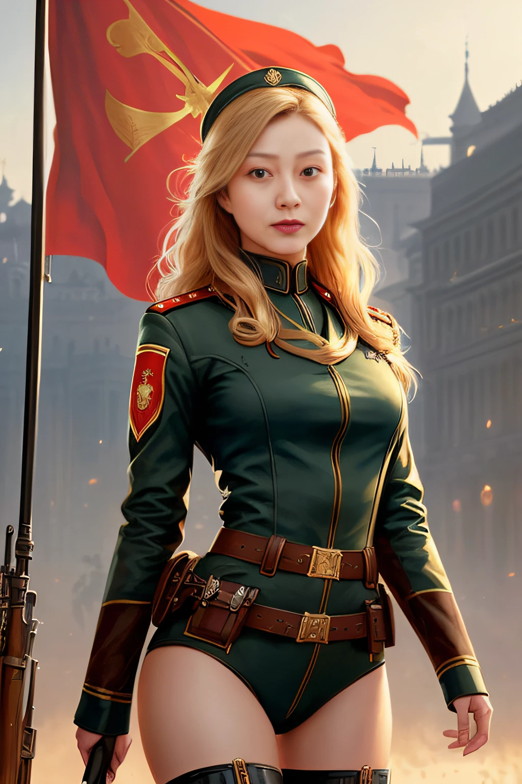 ModelShoot style, (Extremely detailed Cg Unity 8K wallpaper, Hasselblad Award Winner), Beautiful detailed portrait of young blonde woman, Beautiful sports girl in Soviet militia uniform, Serious look, (NKVD style:1.4), Stand in a defiant position, Provocative advantageous position above the camera, Cinematic lighting, ambient soft lighting, Dramatic lighting, diffused soft lighting, Pilot style, (Detailed background of the Red Flag of the USSR:1.2), Futuristic, Imperial style, elite, Rich, Highly detailed, Intricate, Sexy uniforms, Hot body, Small breasts, Long coat with long golden tail and brown fur, art stations, CG Social Art, Deviant art trends, 8K HD, Masterpiece, High quality, Sharp focus, Digital art by Artgerm and Greg Rutkowski and Alphonse Mucha, Professional majestic oil painting by Ed Blinkey, atey ghailan, by Ghibli Studio, author:Jeremy Mann, Greg Manchess, Antonio Moro, trending on artstationh, trending on CGSociety, Intricate, High detail, Sharp focus, Dramatic, photorealistic painting art by midjourney and greg rutkowski