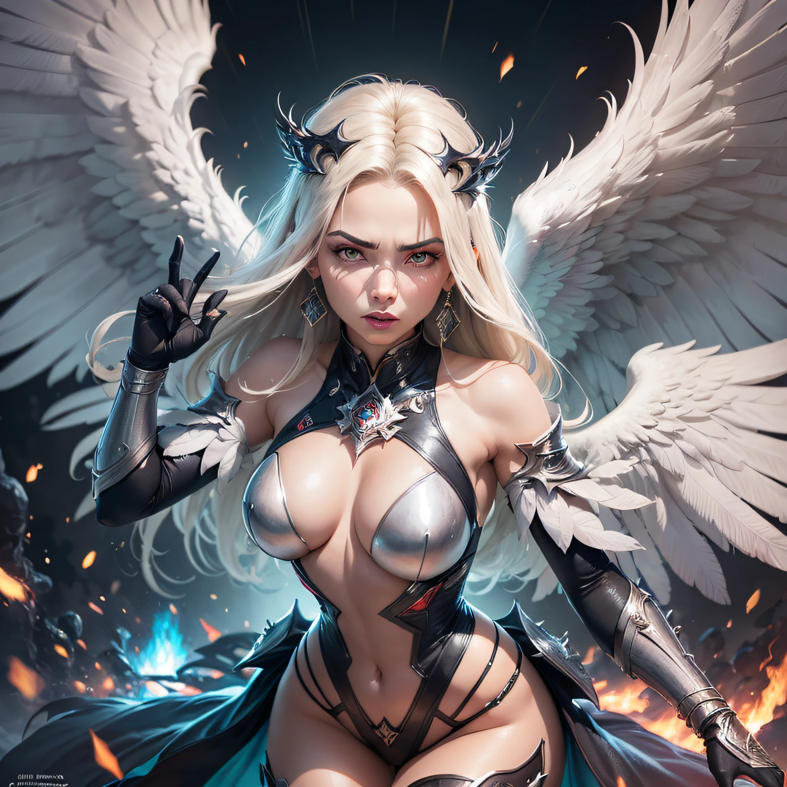 (imagem extremamante detalhada), (corpo inteiro:1.5), (angel femele appearance:1.3), (Asas angelicais gigante:1.4), (olhos flamejantes, olhos brilhantes, brilho sobre os olhos), (Extreme display of power:1.3), apocalipse, anjo, poder, fim do mundo, (riqueza nos detalhes), (poderes envolvendo e intrincados)
