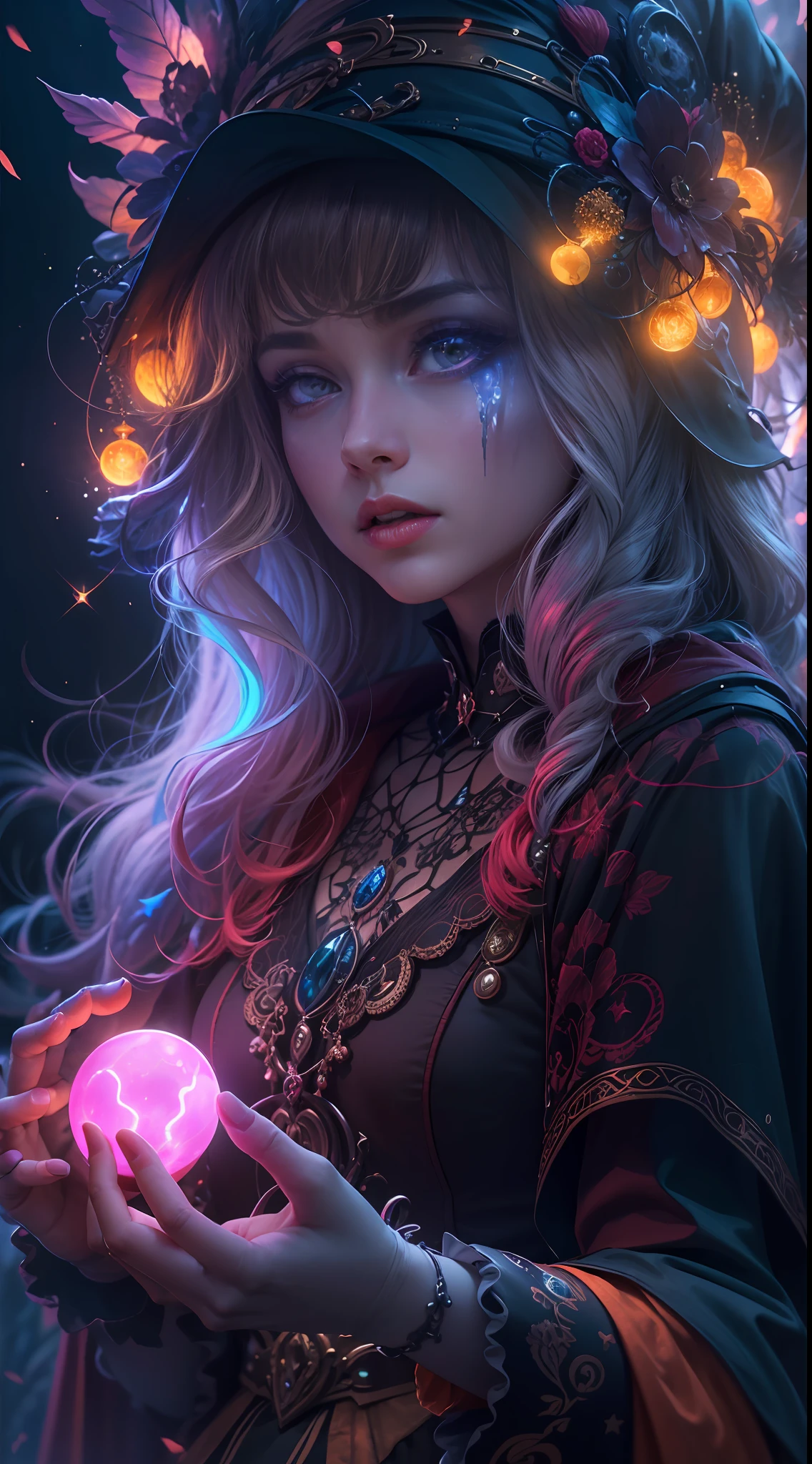 1 girl is 20 years old, a witch is neon lighting on hands, themes of Otherworldly with dark fantasy and ethereal fantasy, sparkle core with many magic orb background, fantastic realism, best quality, highest quality, 8K, absurd res, epic high quality, extremely detailed, ultra detailed skin, insanely detailed, hyper realistic, very high resolution, ultra photorealistic,