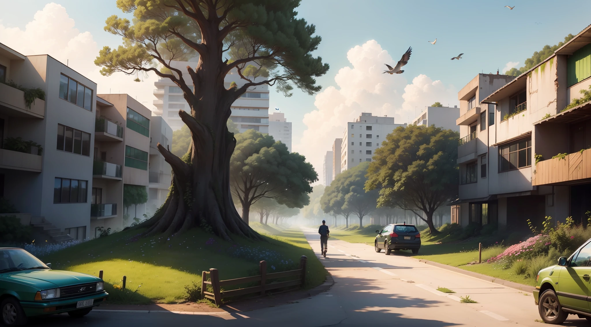 "Illustration of a lush nature setting with trees, colorful flowers and birds. Scenery is vibrant and full of life, with leafy trees, Many colorful flowers and birds flying freely. The image should convey hope, showing that a destroyed environment can be transformed into a healthy environment full of life again, se permitirmos que a natureza siga seu curso."