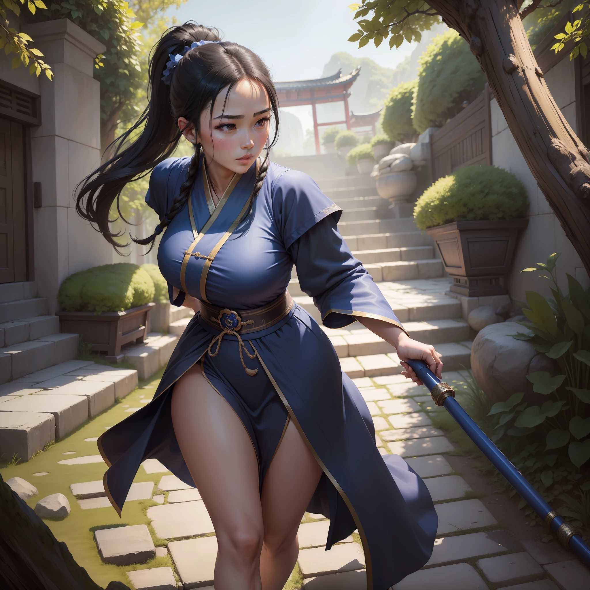 ((masterpiece, bestquality)), (1 girl), outdoor, wuxia, (monk thin girl), beautiful, black hair, ((blue monk robes)), full body, carrying a staff, chinese, chun-li, beautiful, good-looking, realistic, oriental, 8k, HD, 4k