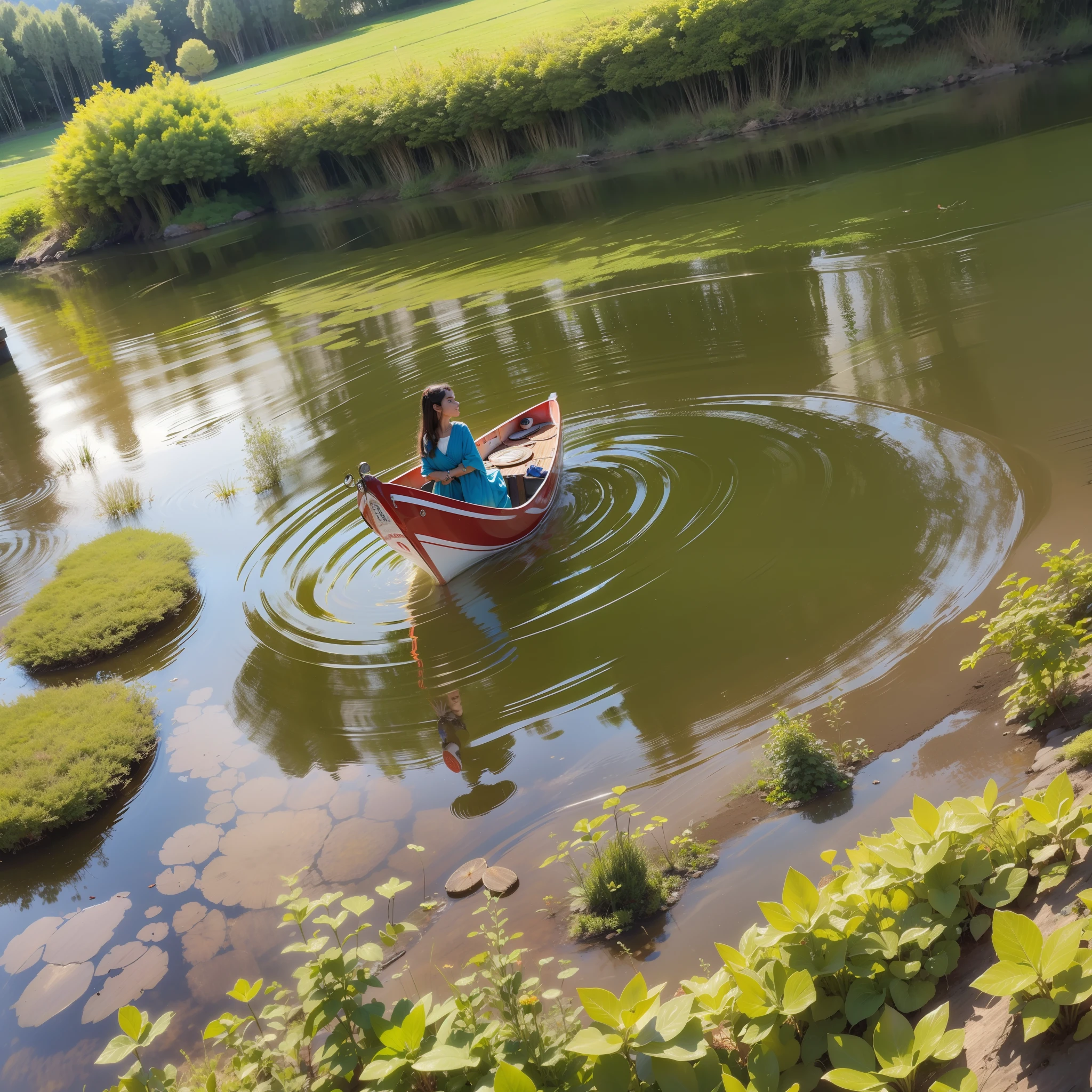 (Linda garota ), sentada em um lago. 8mm. V4. ISO, Amplo, foco 22x. Hultra realista, reflexo, lingth.