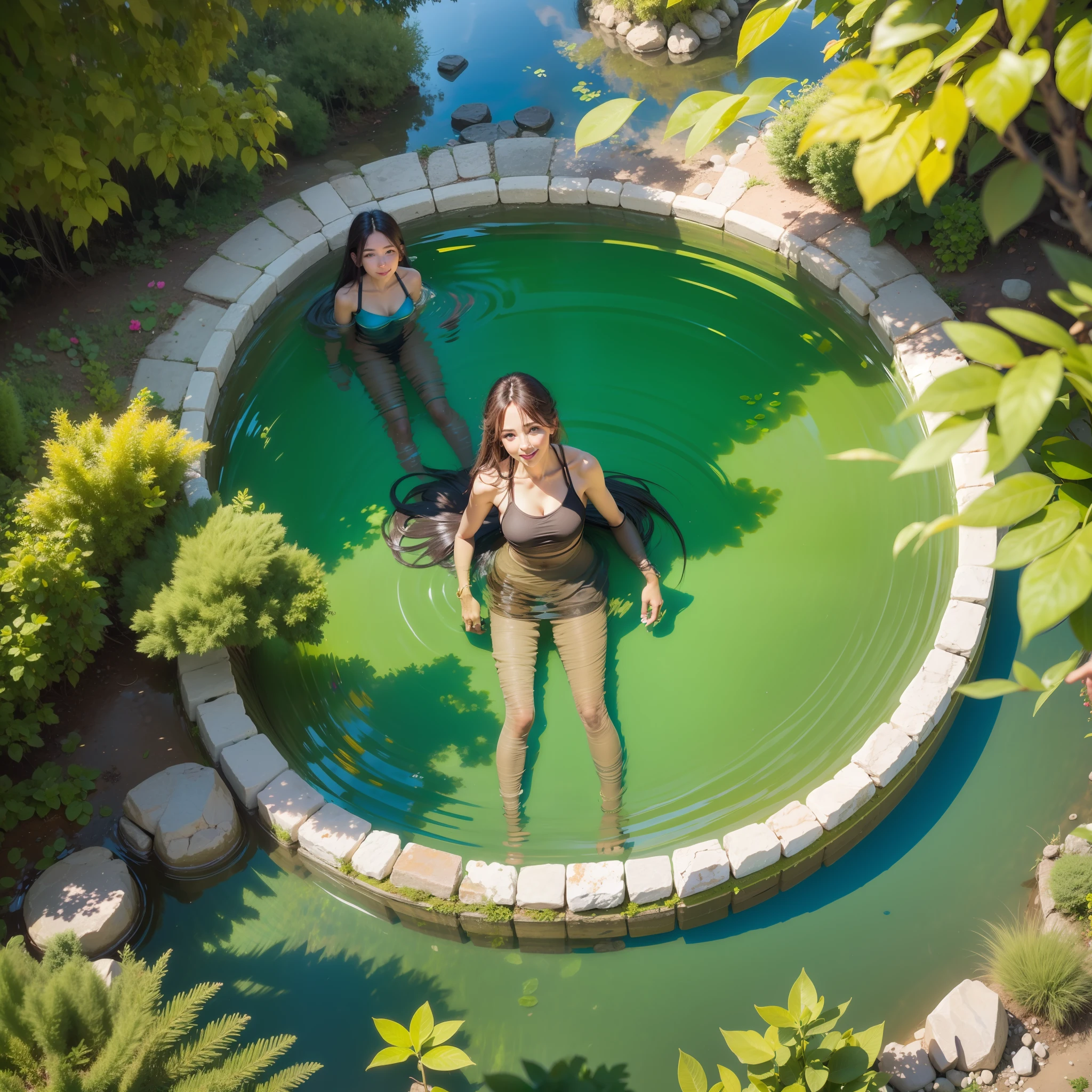 (Linda garota ), sentada em um lago. 8mm. V4. ISO,  Amplo, foco 22x. Hultra realista, reflexo, lingth.