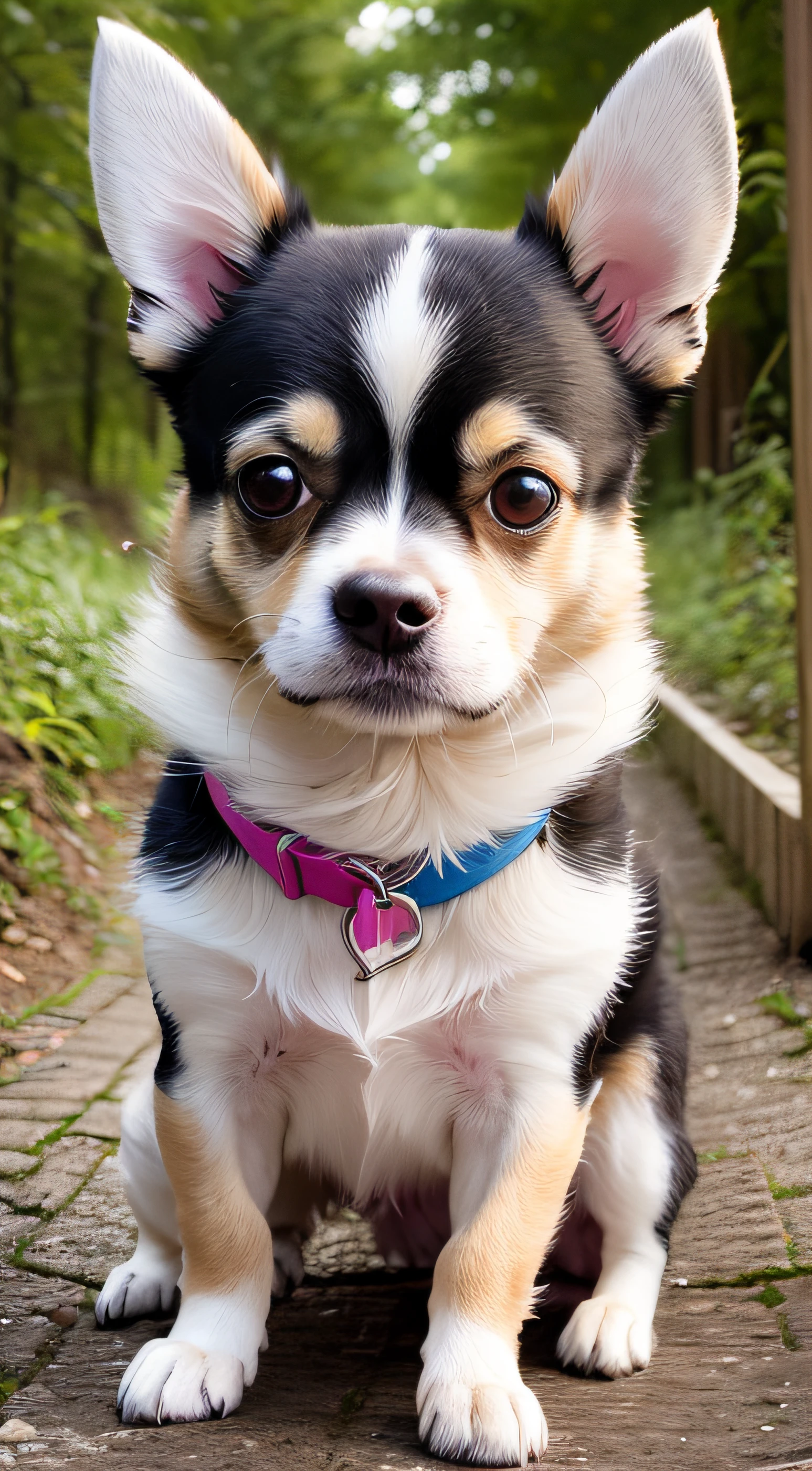 (cute chihuahua dog, mesma figura, frente, lado, costas), ((real)), olhos grandes, happy, running, LINEART, estilo casual, correndo, floresta, flores, trend --auto --s2