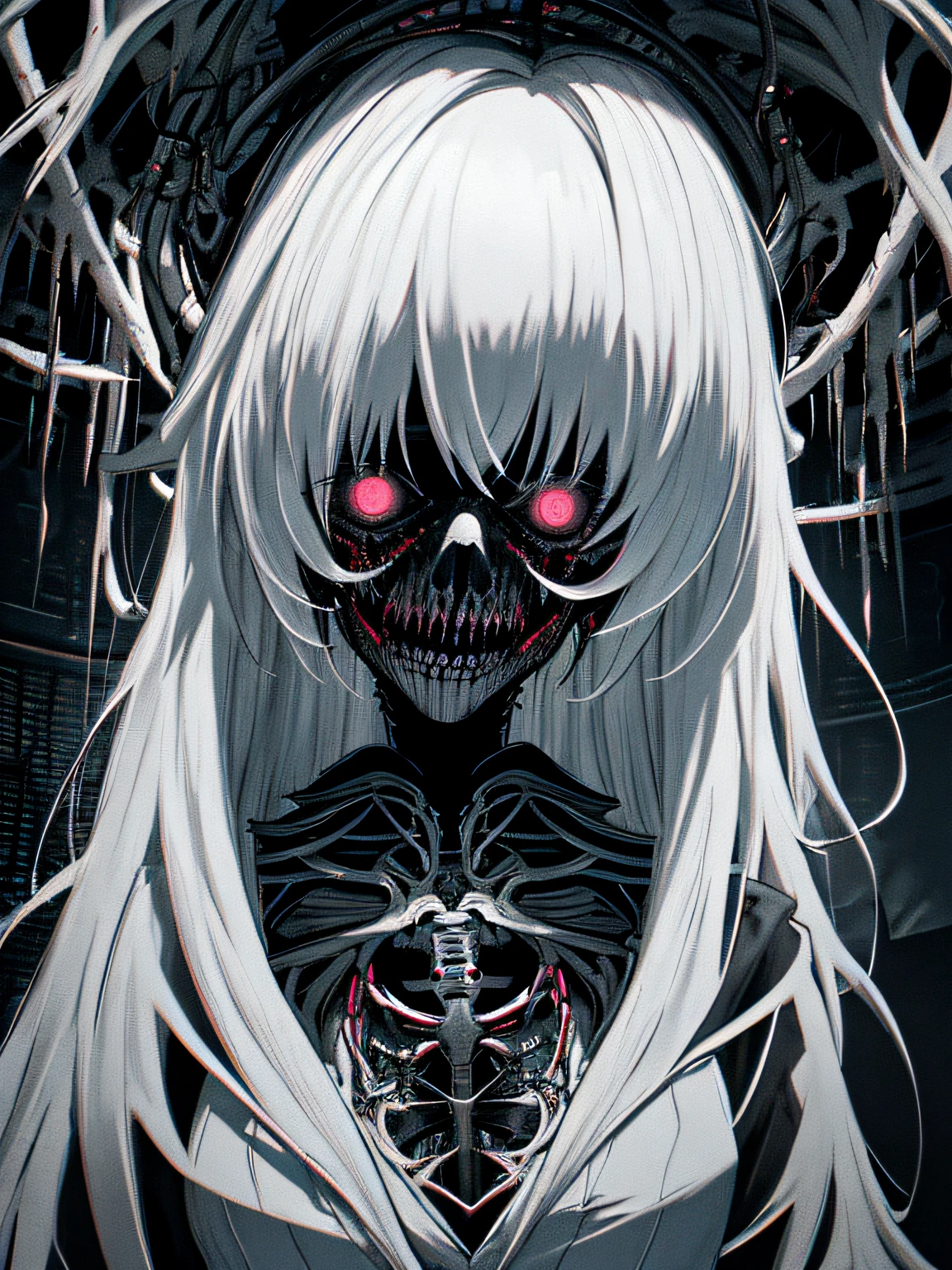 a terrifying and surreal masterpiece, best quality, thrills and chills, ultra-detailed CG unity 8k wallpaper of a horrifying apparition, ghost lady, emerging from a static-filled television screen, a haunting and macabre scene, dark and foreboding, shadows and flickering lights, realistic and strikingly detailed, enough to send shivers down anyone's spine.