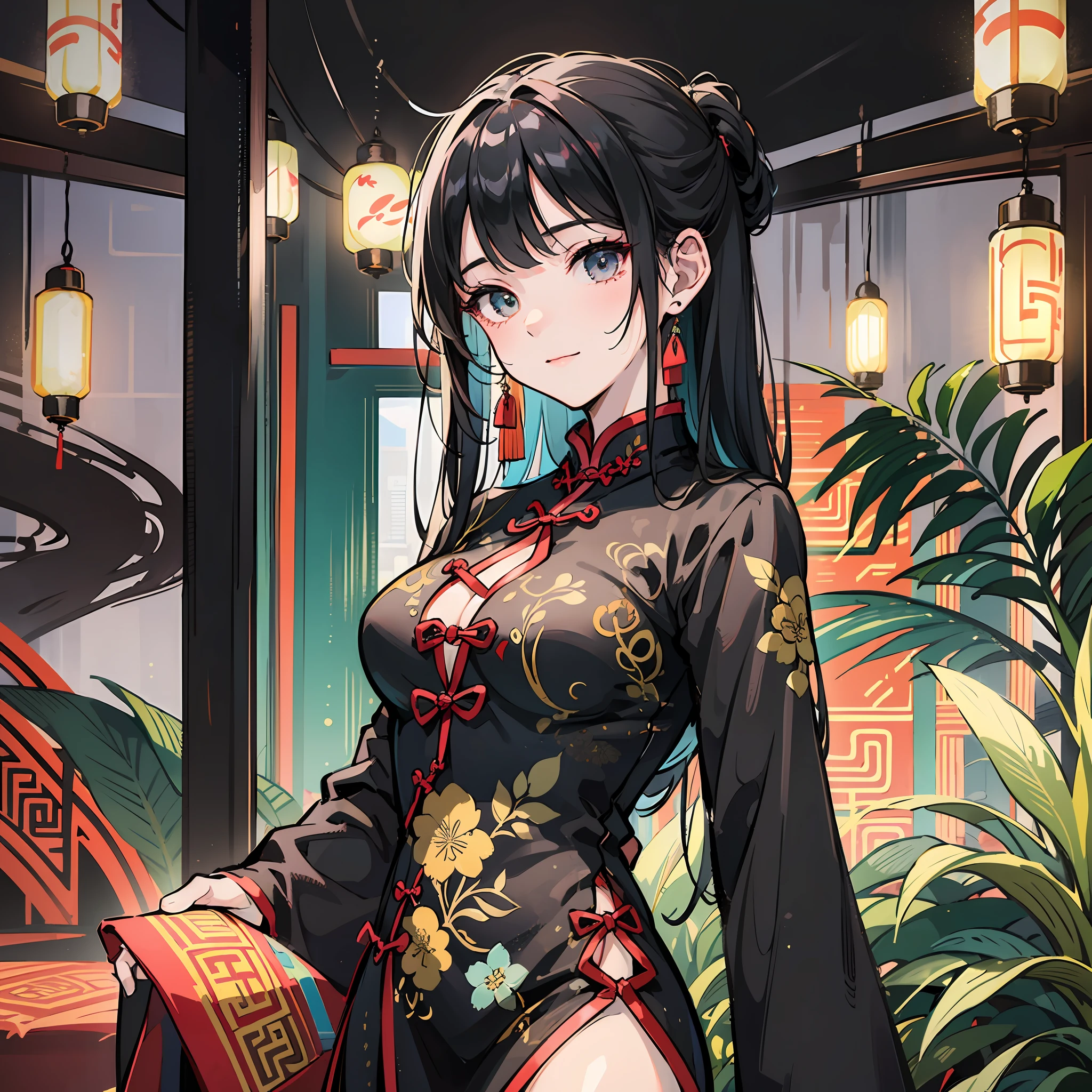 a beauty girl,Black cheongsam,long leges,white skinned,Long black hair,Air bangs,Slight smile,facing at camera,Standing in a modern room,The lights are colorful ,realskin,ultraclear --auto