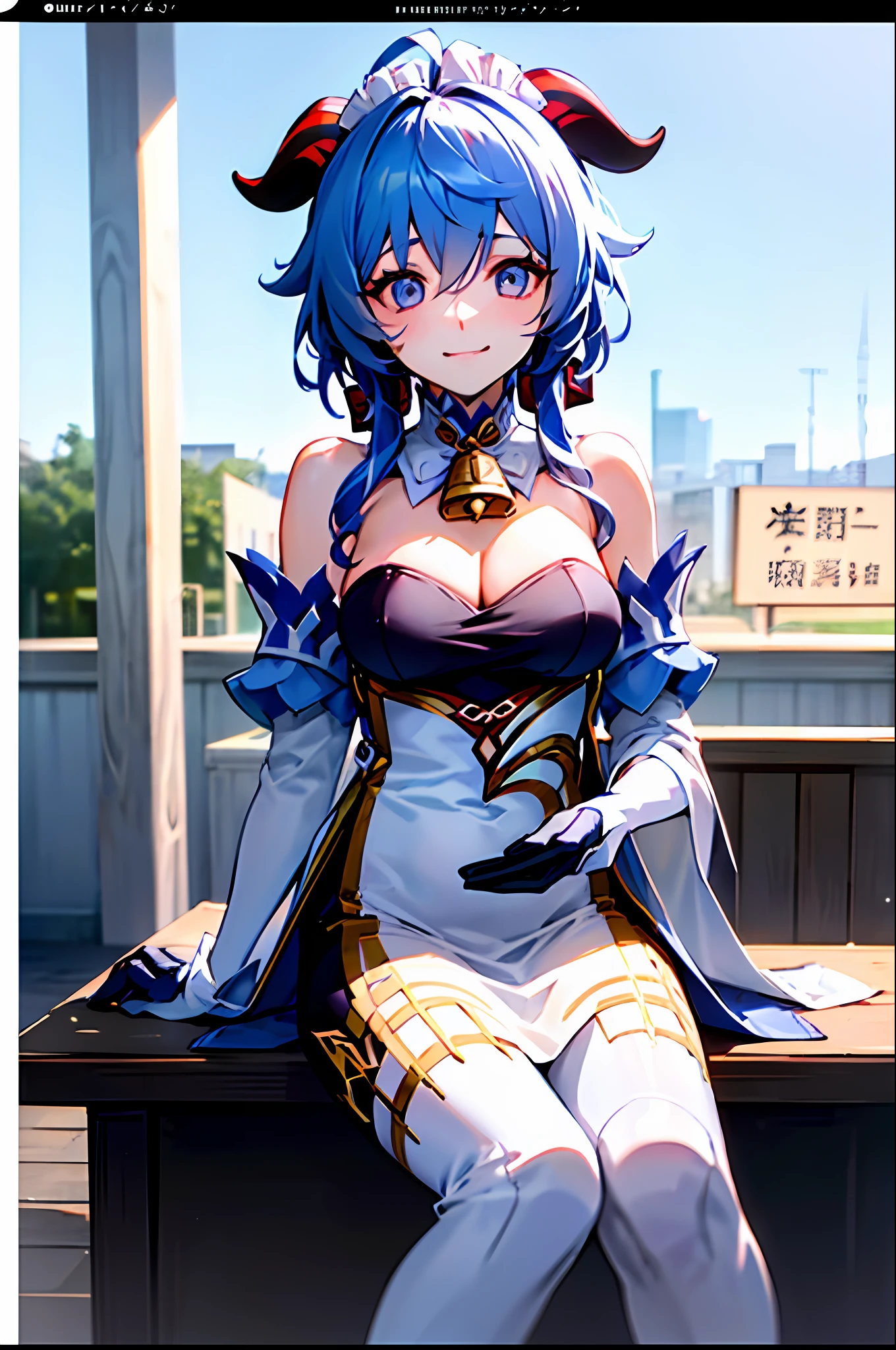 (Highest image quality),(A masterpiece),(Super meticulous),(Eye detail description:1.0),(lens flare glow:1.0),(filmposter:1.0),(Tarot border:1.0)，（closeup cleavage：1.0），（Negative space：0.8），（Negative space：1.6），（独奏），(Photorealistic:1.4), (Masterpiece, side-lighting, fine detailed beautiful eyes: 1.2), Masterpiece*Portrait, Realistic, 3D face, Ganyu \(Genshin Impact\), 1girll, ahoge, architecture, By bangs，Bare shoulders，bell，black glove，Black tights，（blue  hair），Blushlush，Beautiful breasts，Chinese knot，the sleeve，flower knot，mitts，cow horn，long whitr hair，middlebreast，Neckbells，the maid outfit:2.0，maid costume:2.0，happy laughing，Squinted eyes，gentleness，extremely shy:2.0，Be red in the face:2.0，exhilarated，Not facing the lens，Super happy:2.0，Shopping at the supermarket，Visit a clothing store:3.0，ssmile,Playful，Pick clothes:3.0，Super meticulous，Lunette de soleil，sneak shot，grin，Close your eyes，Smiling eyes，Candid photos of girls:2.0，Back Shadow:2.0