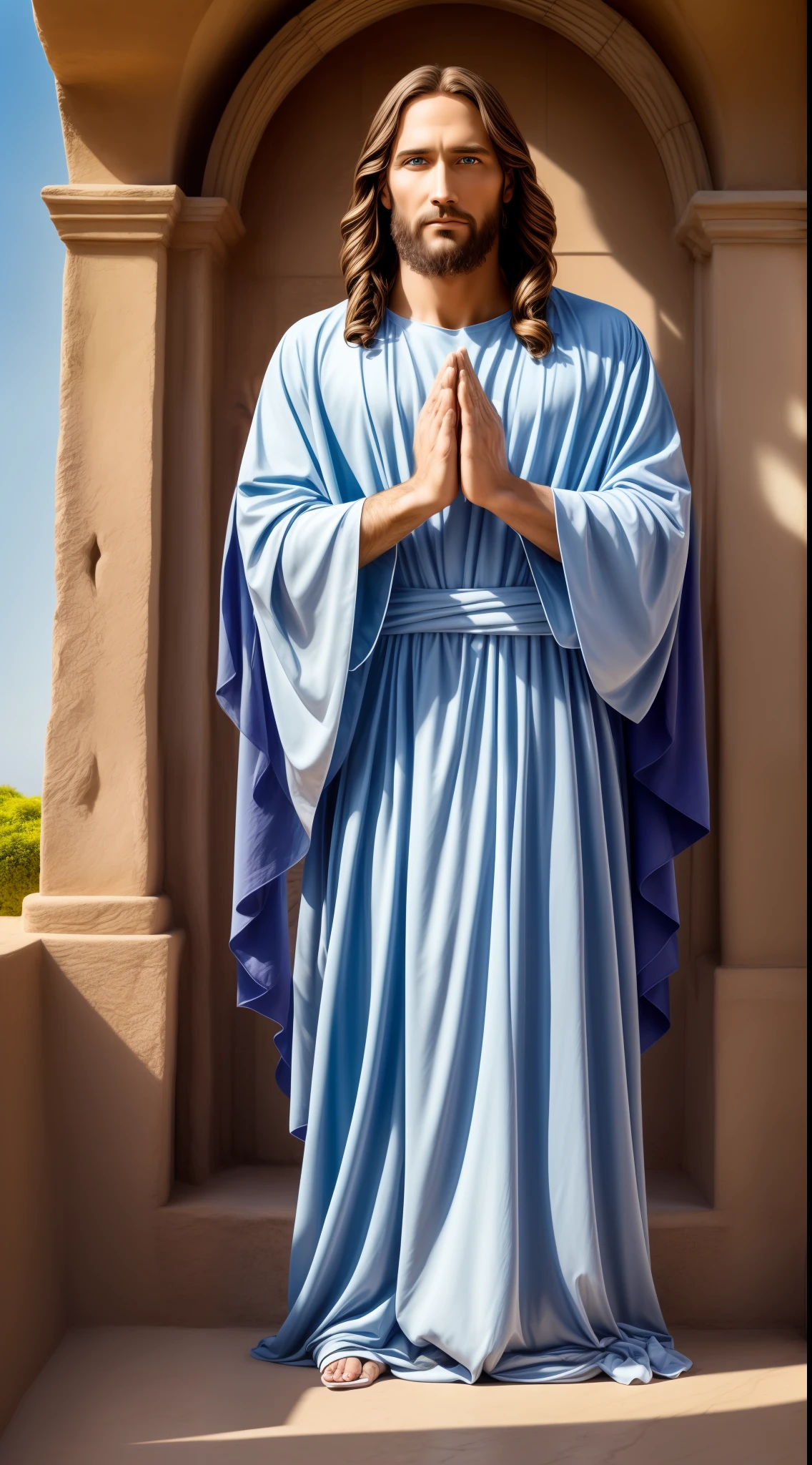 Jesus heaven, jesus lord blessings, Perfect hand 5 finger, Portrait of a handsome Jesus , Jesus Christ, real blue eyes, sunny day, intricate details.real jesus lord, straight head face, Straight body.Prayer jesus, perfect full body, perfect hands finger,Prayer jesus, praying jesus backgrounds natural photographic 8k