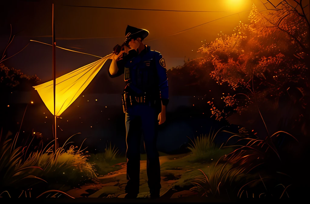 (((Cara confusa)), (comic styled), um policial com uma lanterna andando em um milharal, cena escura, ao ar livre a noite em uma fazenda, fazenda Noturna, fire particles, Chuva pesada, Foco masculino, (cabo de fluxo longo), noite, Chuva, fundo detalhado, (arte de Frank Miller), obra-prima, (realista:1.3), perfect illumination, sombreamento perfeito, (textura realista do tecido), hiper-realista, (fotorrealista:1.5)