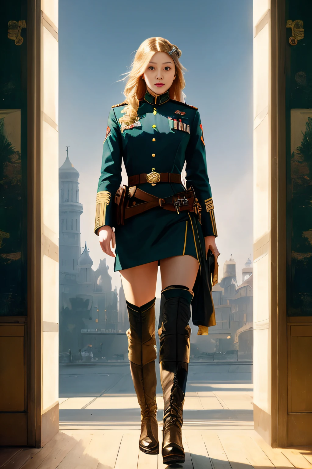 ModelShoot style, (Extremely detailed Cg Unity 8K wallpaper, Hasselblad Award Winner), Beautiful detailed portrait of young blonde woman, Beautiful sports girl in Soviet militia uniform, Serious look, (NKVD style:1.4), Stand in a defiant posture, Provocatively advantageous position above the camera, Cinematic lighting, ambient soft lighting, Dramatic lighting, diffused soft lighting, Pilot style, (Detailed background of the Red Flag of the USSR:1.2), Futuristic, Imperial style, elite, Rich, Highly detailed, Intricate, Sexy uniforms, Hot body, Small breasts, Long jacket,Long golden tail and brown fur, art stations, CG Social Art, Deviant artistic trends, 8K HD, Masterpiece, High quality, Sharp focus, Digital art by Artgerm and Greg Rutkowski and Alphonse Mucha, Professional majestic oil painting by Ed Blinkey, atey ghailan, by Ghibli Studio, author:Jeremy Mann, Greg Manchess, Antonio Moro, trending on artstationh, trending on CGSociety, Intricate, High detail, Sharp focus, Dramatic, photorealistic painting art by midjourney and greg rutkowski