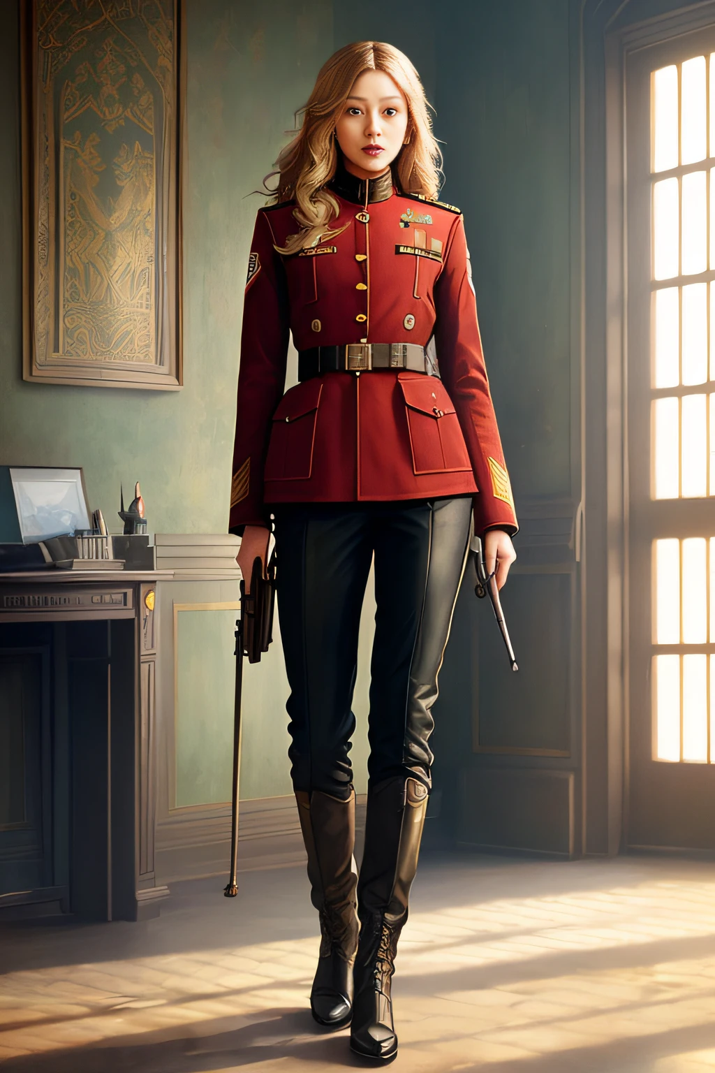 ModelShoot style, (Extremely detailed Cg Unity 8K wallpaper, Hasselblad Award Winner), Beautiful detailed portrait of young blonde woman, Beautiful sports girl in Soviet militia uniform, Serious look, (NKVD style:1.4), Stand in a defiant posture, Provocatively advantageous position above the camera, Cinematic lighting, ambient soft lighting, Dramatic lighting, diffused soft lighting, Pilot style, (Detailed background of the Red Flag of the USSR:1.2), Futuristic, Imperial style, elite, Rich, Highly detailed, Intricate, Sexy uniforms, Hot body, Small breasts, Long jacket，Long golden tail and brown fur, art  stations, CG Social Art, Deviant artistic trends, 8K HD, Masterpiece, High quality, Sharp focus, Digital art by Artgerm and Greg Rutkowski and Alphonse Mucha, Professional majestic oil painting by Ed Blinkey, atey ghailan, by Ghibli Studio, author：Jeremy Mann, Greg Manchess, Antonio Moro, trending on artstationh, trending on CGSociety, Intricate, High detail, Sharp focus, Dramatic, photorealistic painting art by midjourney and greg rutkowski