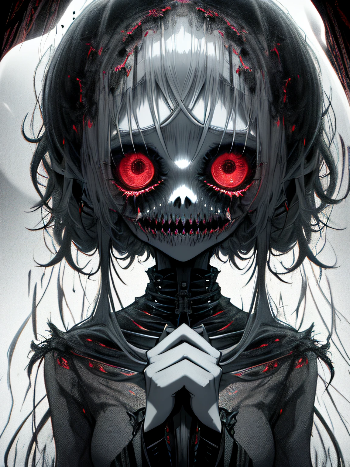 a terrifying and surreal masterpiece, best quality, thrills and chills, ultra-detailed CG unity 8k wallpaper of a horrifying apparition, ghost lady, emerging from a static-filled television screen, a haunting and macabre scene, dark and foreboding, shadows and flickering lights, realistic and strikingly detailed, enough to send shivers down anyone's spine.