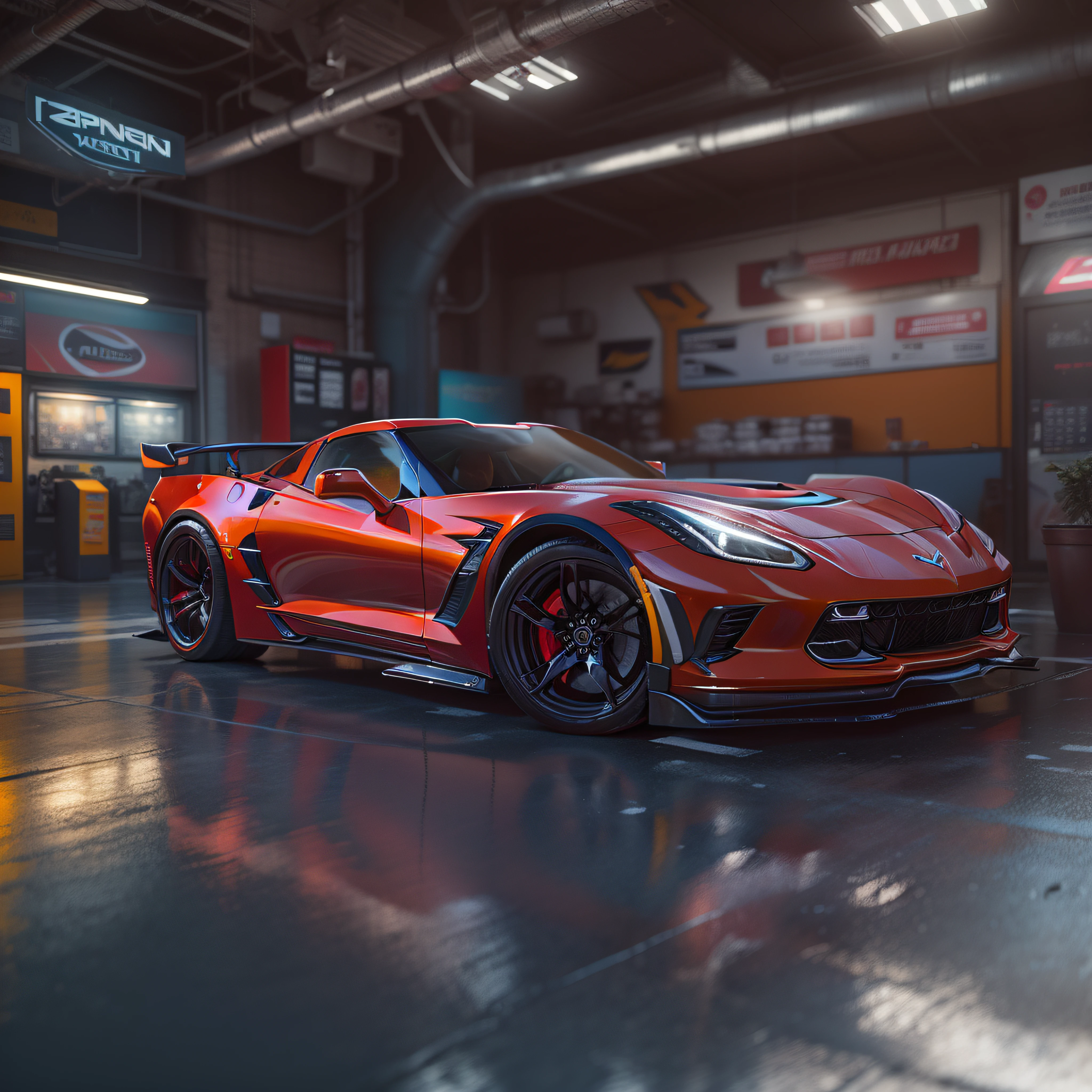 une voiture de sport dans une station-service, chevrolet corvette, chevrolet, With elements of the ZR1, 3D Rendering », rendu raytracing, Rendu parfait, Hyper realistic rendering, Hyper real rendering, Photorealistic Rendering, Photorealistic Rendering, Red realistic 3D rendering, hyper detailed 3d render, Fully detailed cyberpunk style rendering