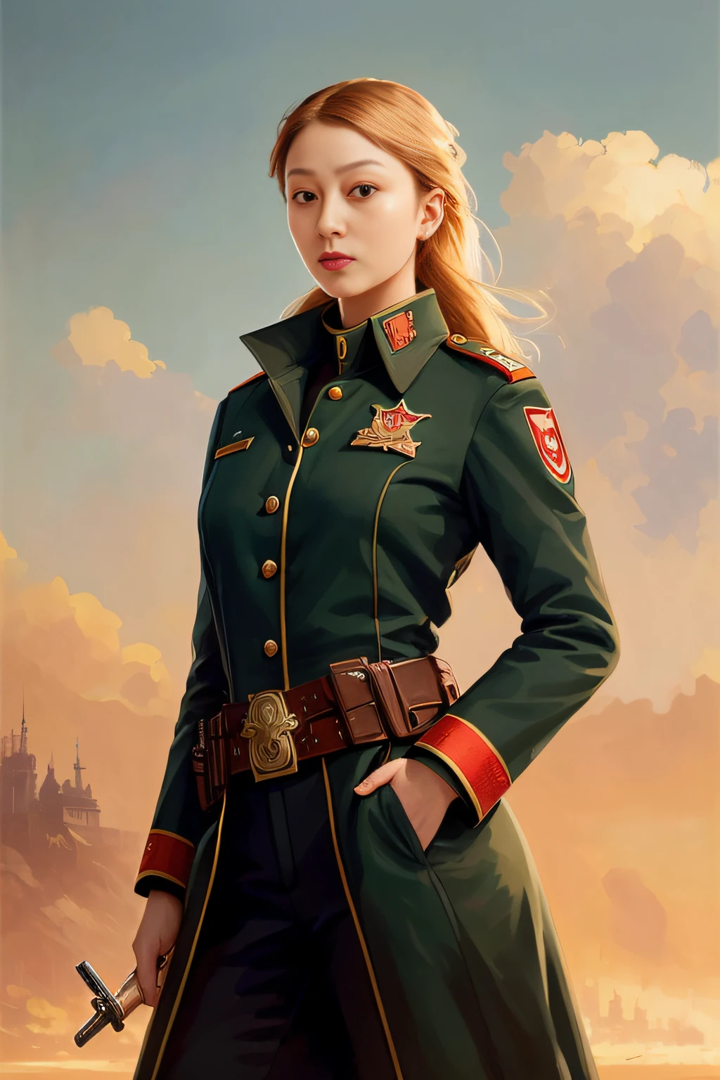 ModelShoot style, (Extremely detailed Cg Unity 8K wallpaper, Hasselblad Award Winner), Beautiful detailed portrait of young blonde woman, Beautiful sports girl in Soviet militia uniform, Serious look, (NKVD style:1.4), Stand in a defiant posture, Provocatively advantageous position above the camera, Cinematic lighting, ambient soft lighting, Dramatic lighting, diffused soft lighting, Pilot style, (Detailed background of the Red Flag of the USSR:1.2), Futuristic, Imperial style, elite, Rich, Highly detailed, Intricate, Sexy uniforms, Hot body, Small breasts, Long jacket,Long golden tail and brown fur, art stations, CG Social Art, Deviant artistic trends, 8K HD, Masterpiece, High quality, Sharp focus, Digital art by Artgerm and Greg Rutkowski and Alphonse Mucha, Professional majestic oil painting by Ed Blinkey, atey ghailan, by Ghibli Studio, author:Jeremy Mann, Greg Manchess, Antonio Moro, trending on artstationh, trending on CGSociety, Intricate, High detail, Sharp focus, Dramatic, photorealistic painting art by midjourney and greg rutkowski